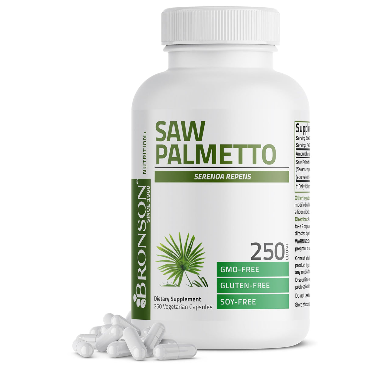 Bronson Saw Palmetto bottle and capsules for prostate support.
