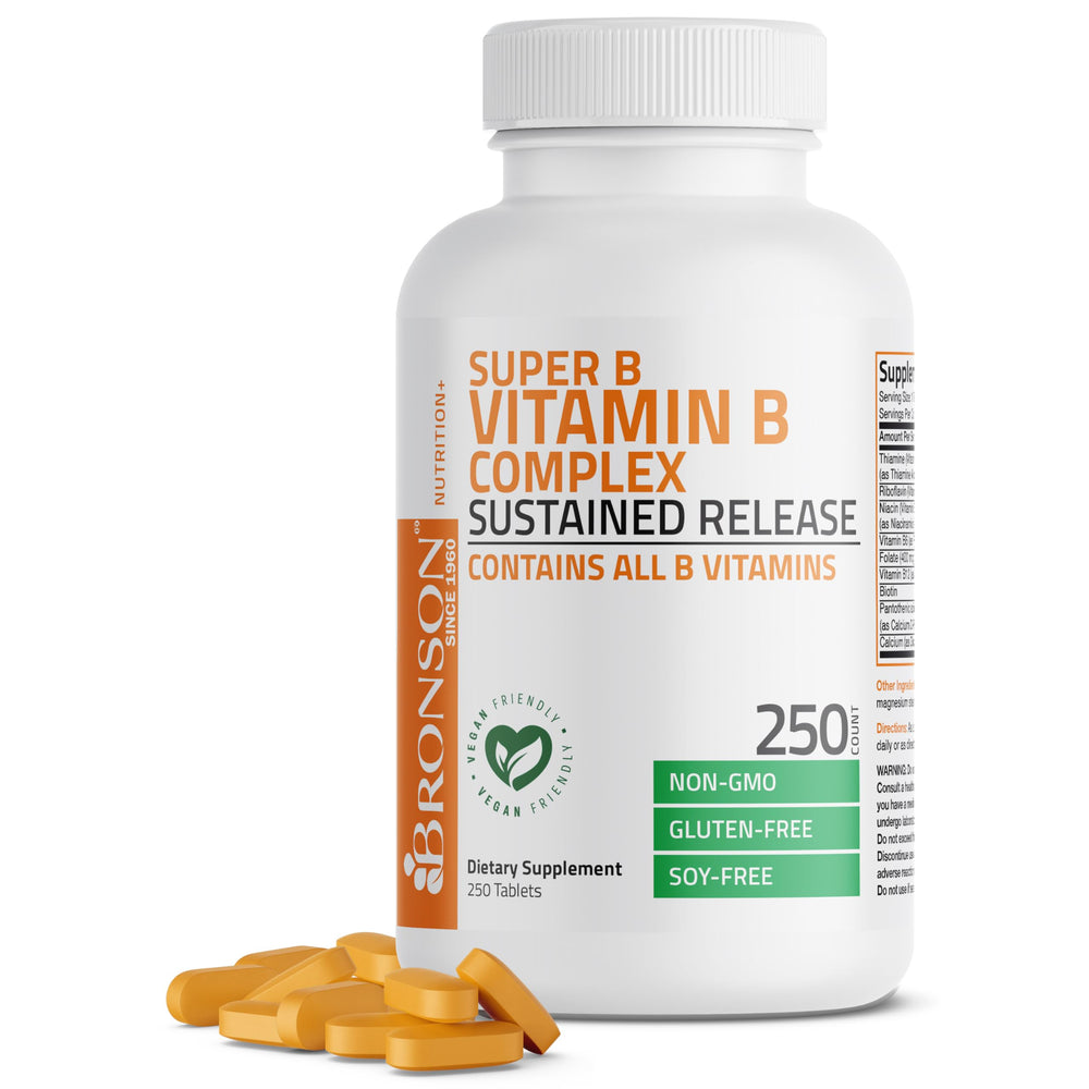 Bronson Super B Complex bottle with tablets for steady daily energy.