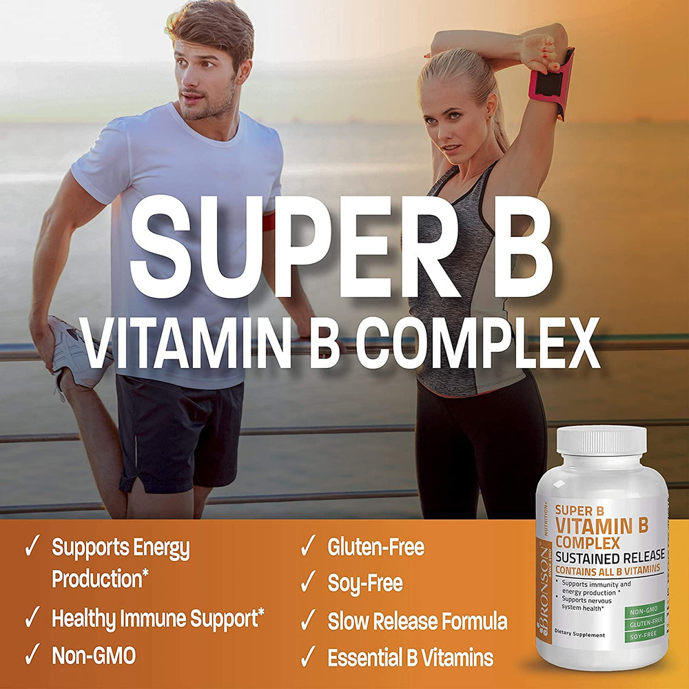 Bronson Super B Complex label highlighting B vitamins and release timing.