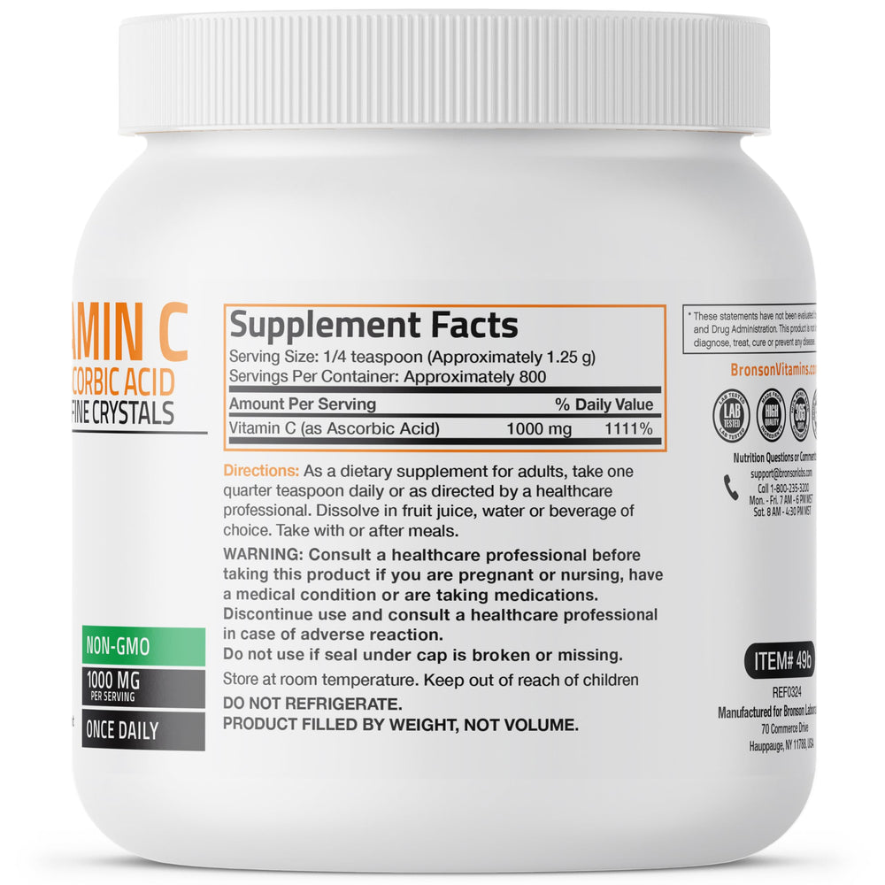 Bronson Vitamin C powder label close-up shows its non-GMO purity.