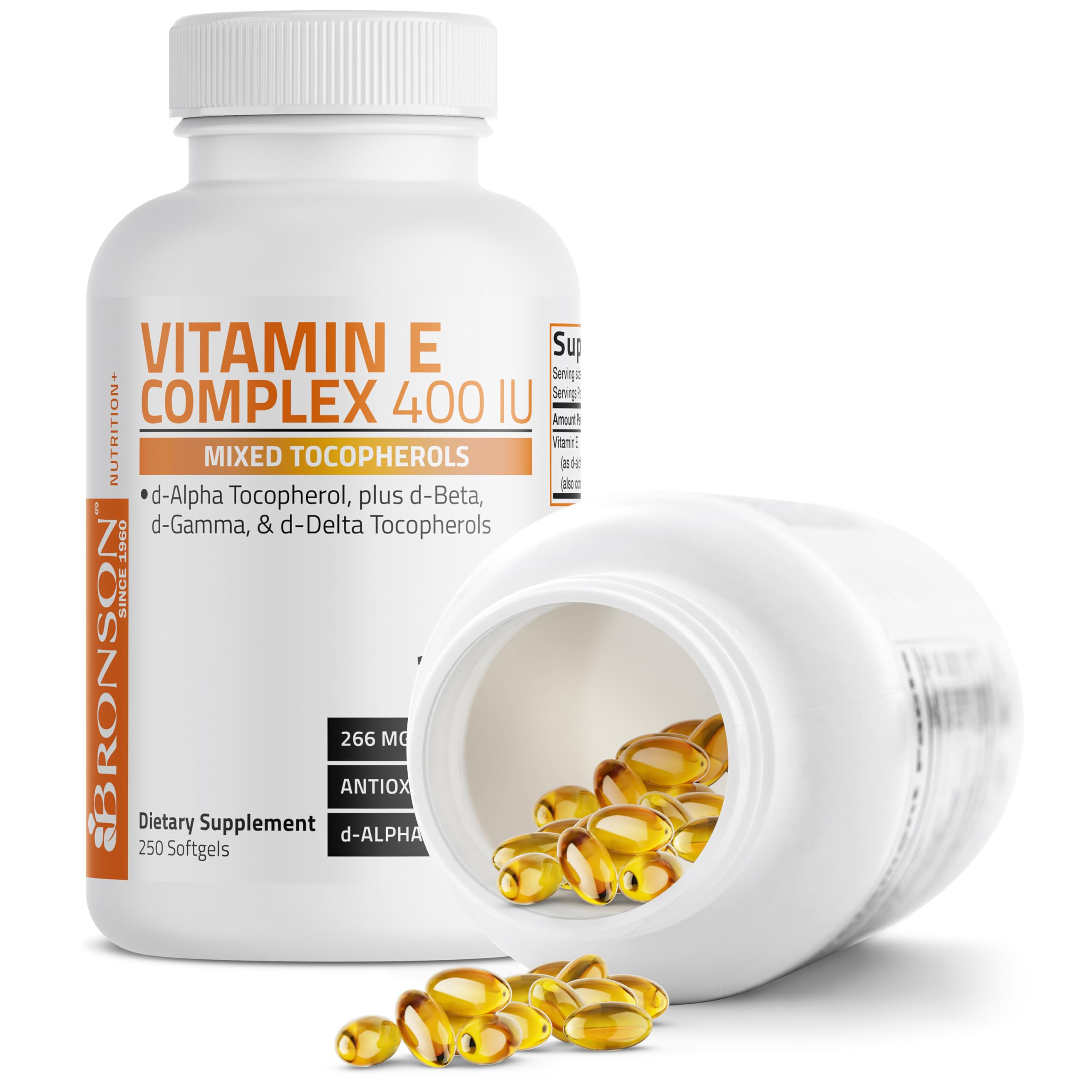 Bronson Vitamin E Complex packaging back view listing potency and ingredients.