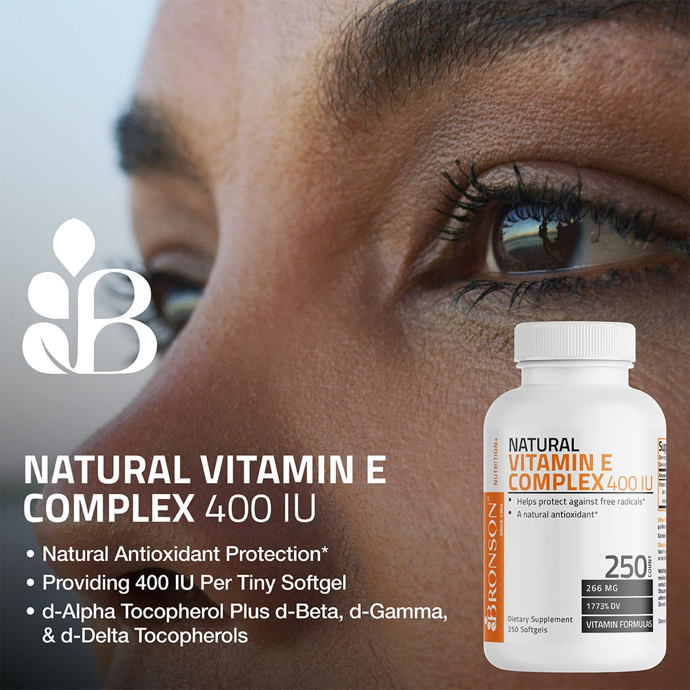 Bronson Vitamin E Complex softgel pour showing small, easy-to-swallow capsules.