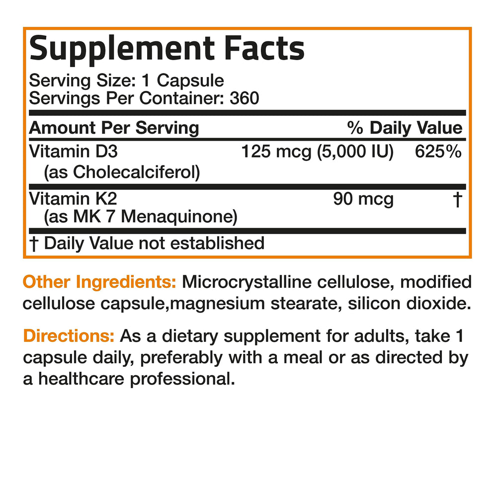 Bronson vitamin k2 mk7 d3 ingredients view communicates product composition.