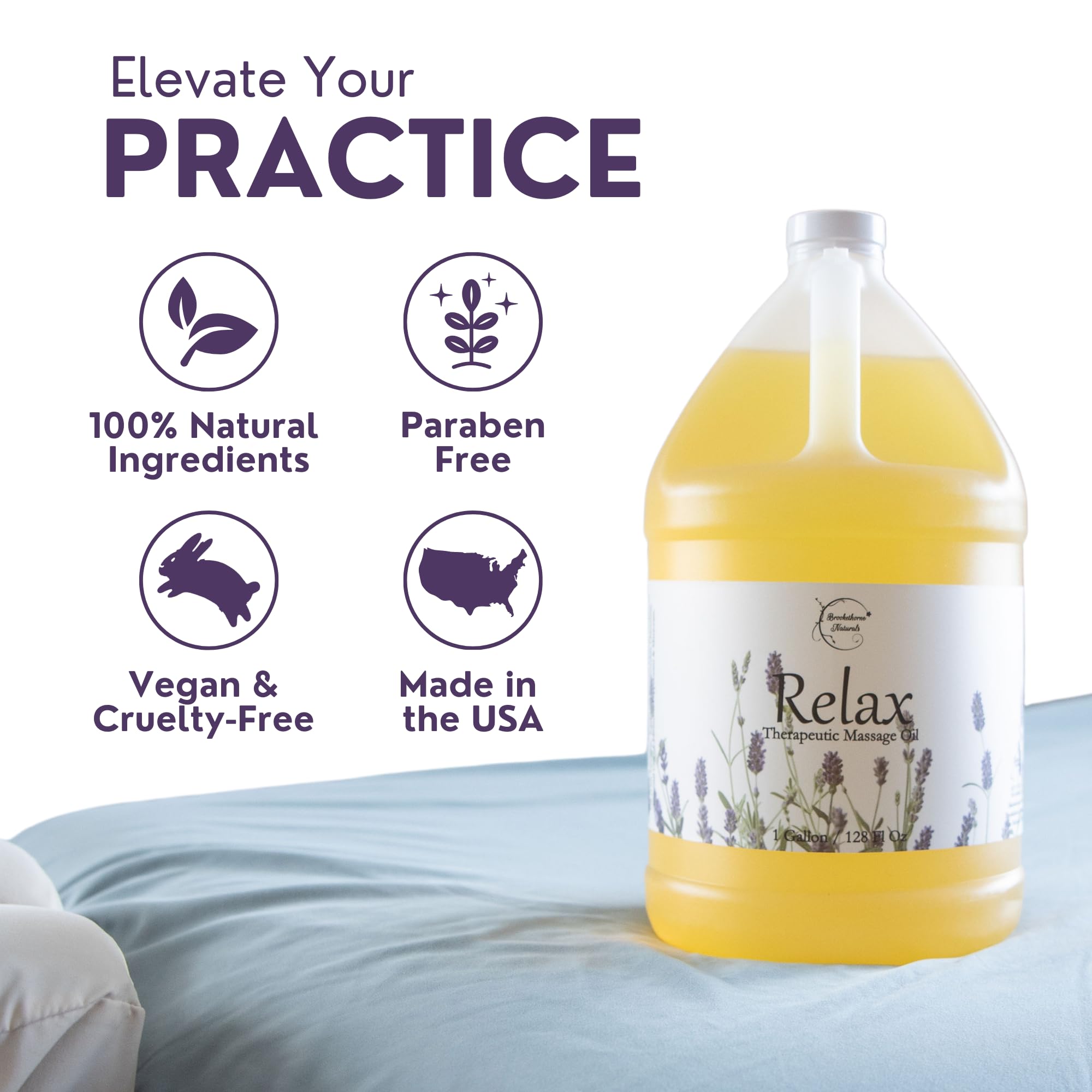 Brookethorne Naturals Relax Massage Oil gallon jug ready for high-volume spa refills.