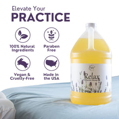 Brookethorne Naturals Relax Massage Oil gallon jug ready for high-volume spa refills.