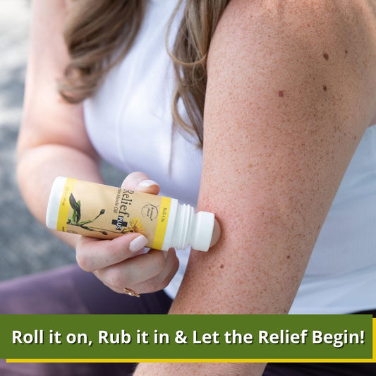 Brookethorne Naturals Relief Plus Arnica Muscle Oil menthol cooling applied to sore shoulders