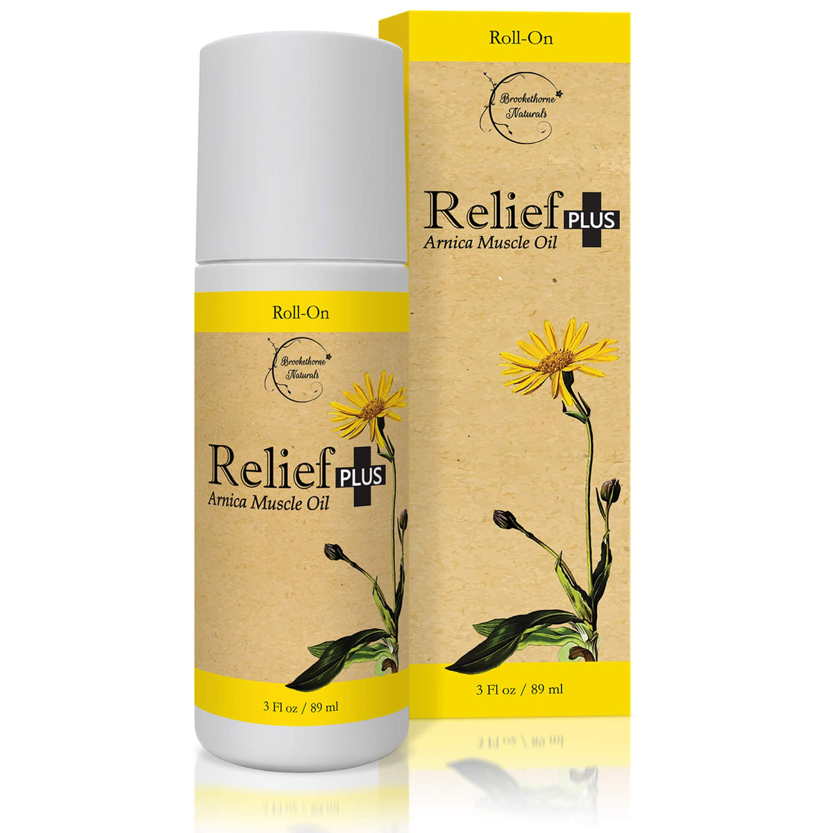 Brookethorne Naturals Relief Plus Arnica Muscle Oil roll-on bottle for post-workout relief