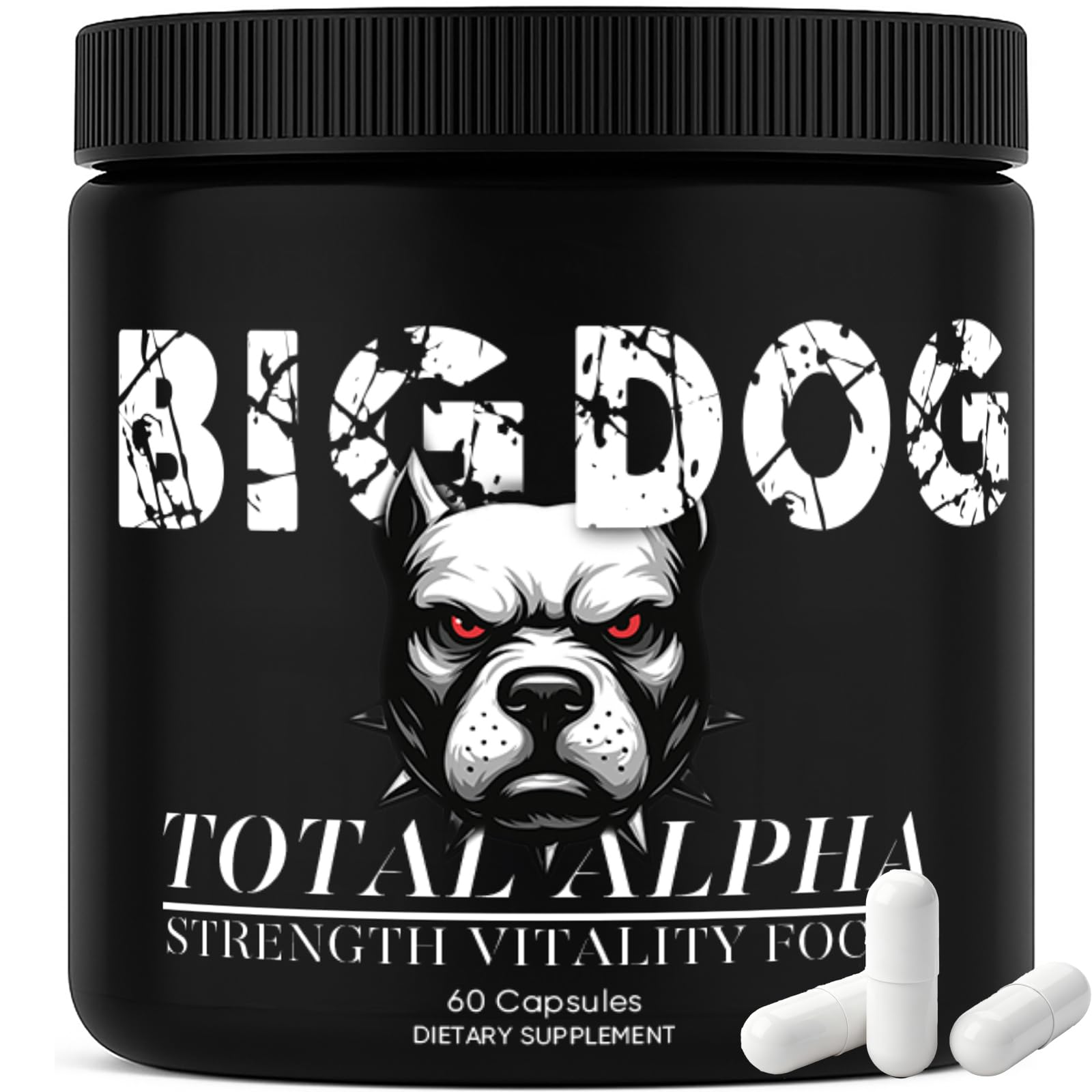 Bruiseweed Big Dog 3-in-1 bottle shows daily energy capsules for men.