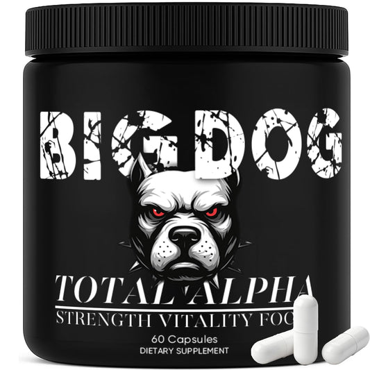 Bruiseweed Big Dog 3-in-1 bottle shows daily energy capsules for men.