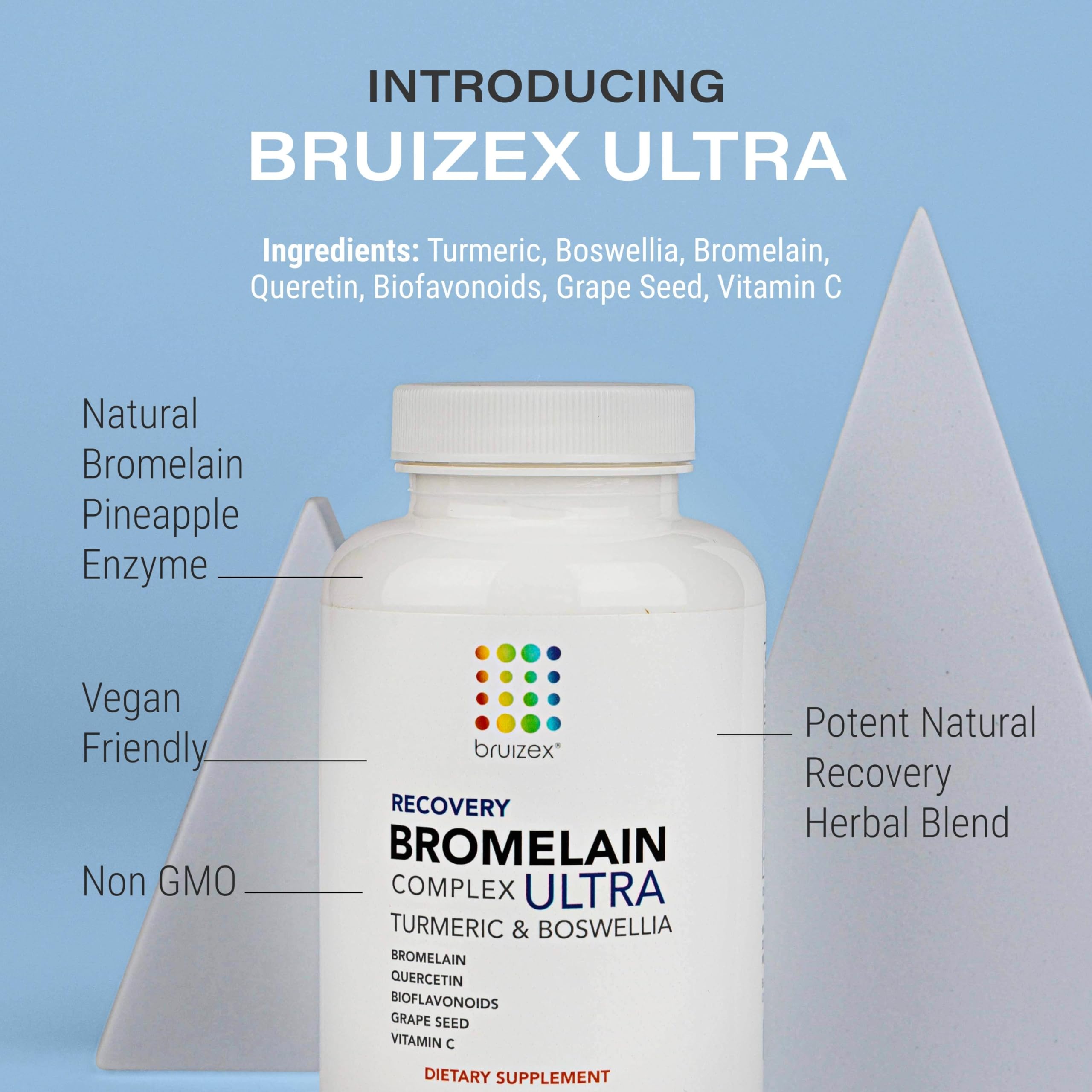 Bruizex Ultra label close-up highlighting bromelain and quercetin.
