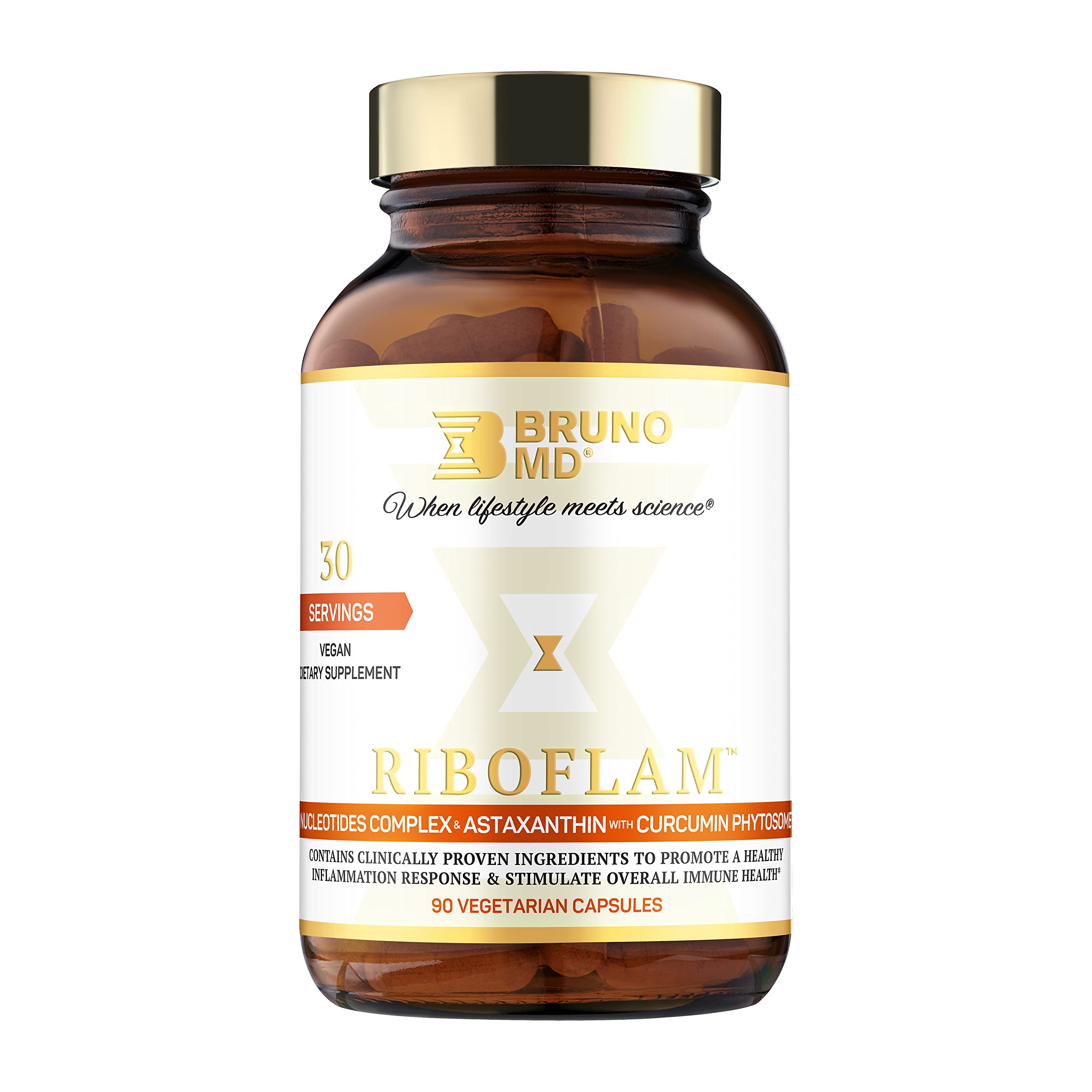 BRUNO MD Riboflam bottle close-up with vegan capsules for daily support