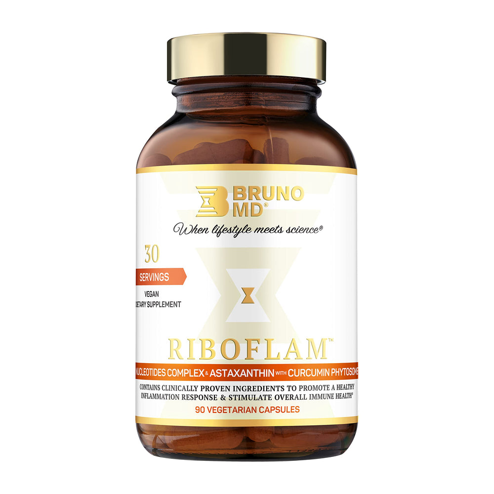 BRUNO MD Riboflam bottle close-up with vegan capsules for daily support