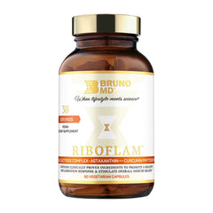 BRUNO MD Riboflam bottle close-up with vegan capsules for daily support