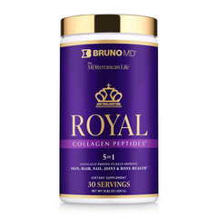BRUNO MD Royal Collagen Peptides bottle closeup highlights EU-sourced formula for skin appearance