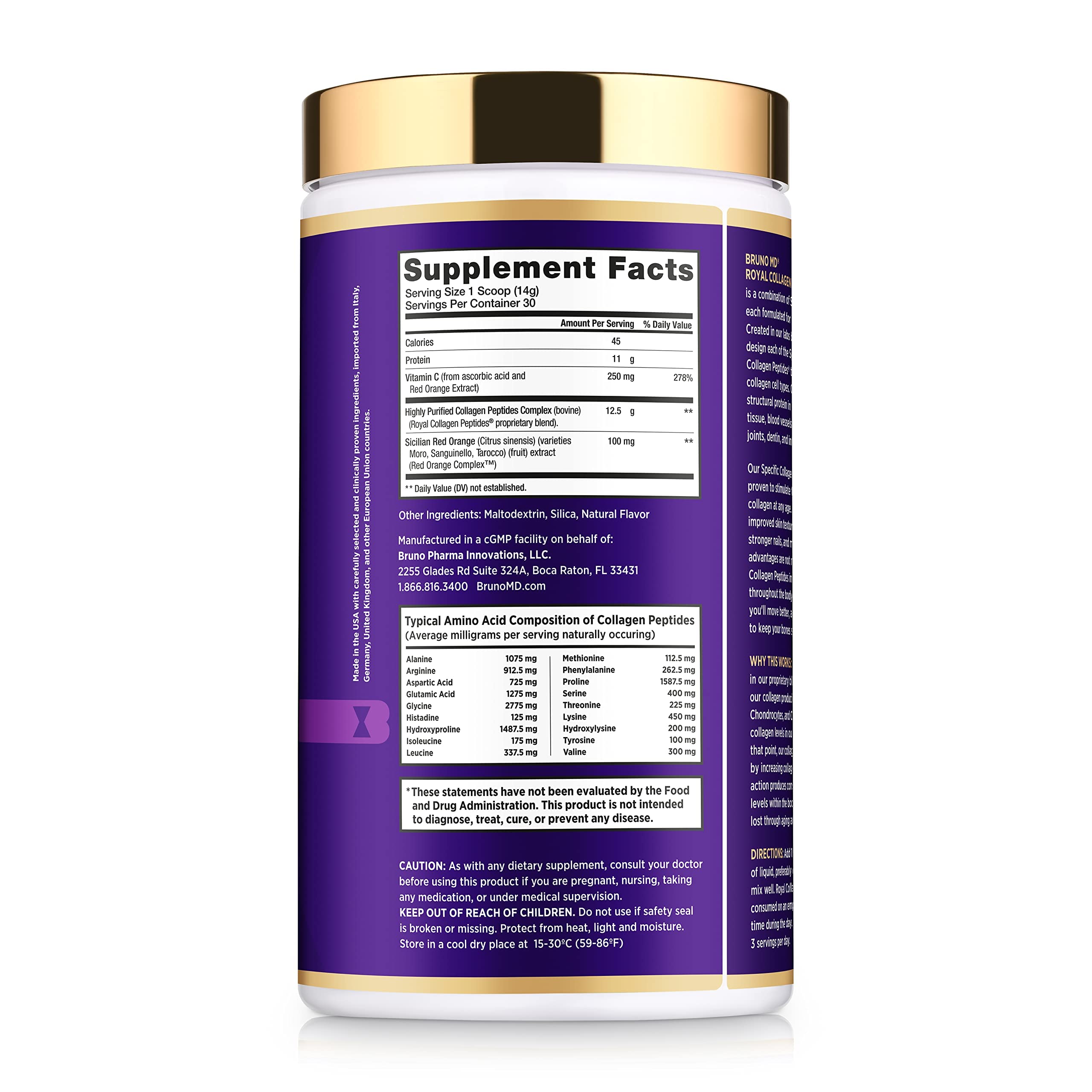 BRUNO MD Royal Collagen Peptides label detail emphasizes clean blend with vitamin C
