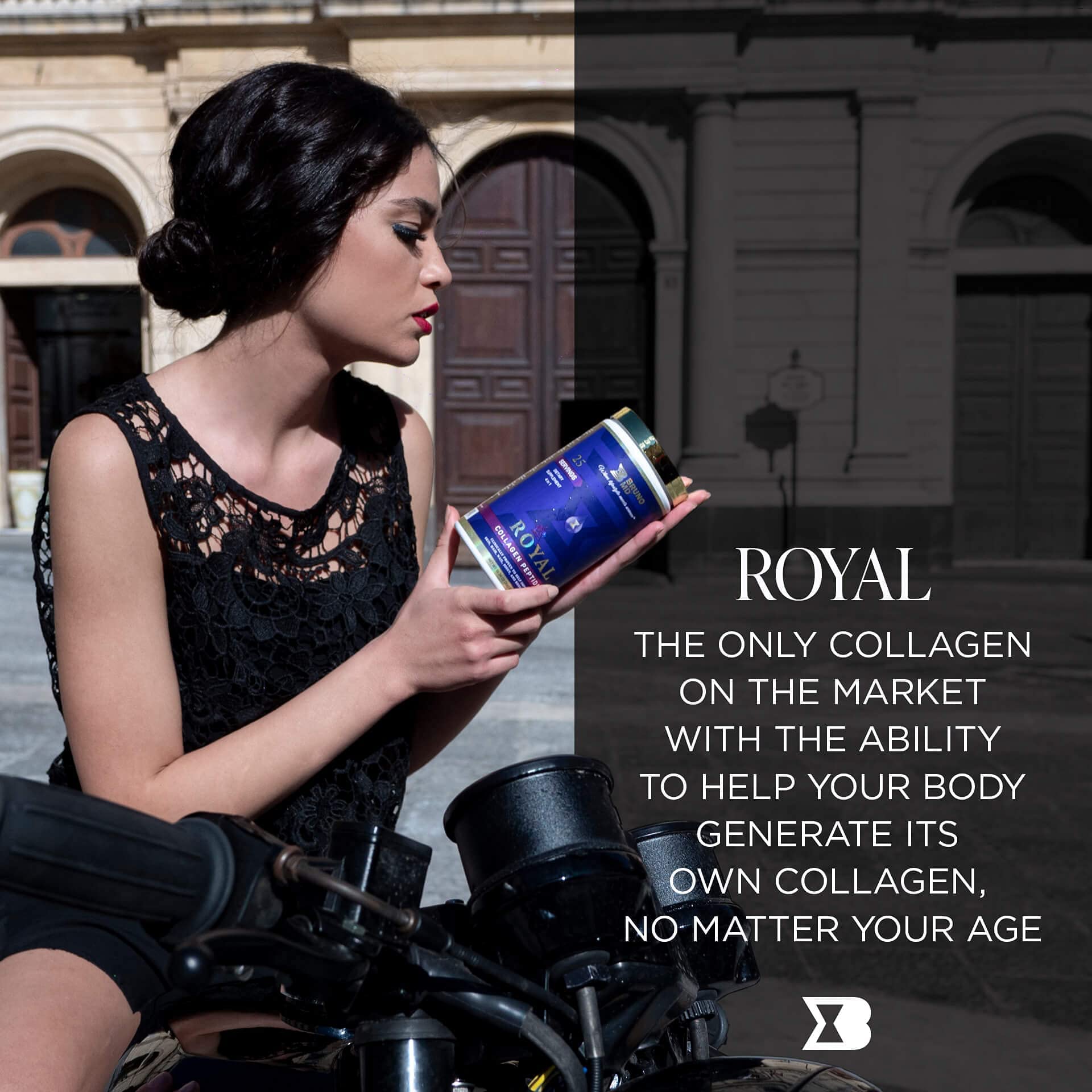 BRUNO MD Royal Collagen Peptides bottle with label highlights skin, hair, and nails