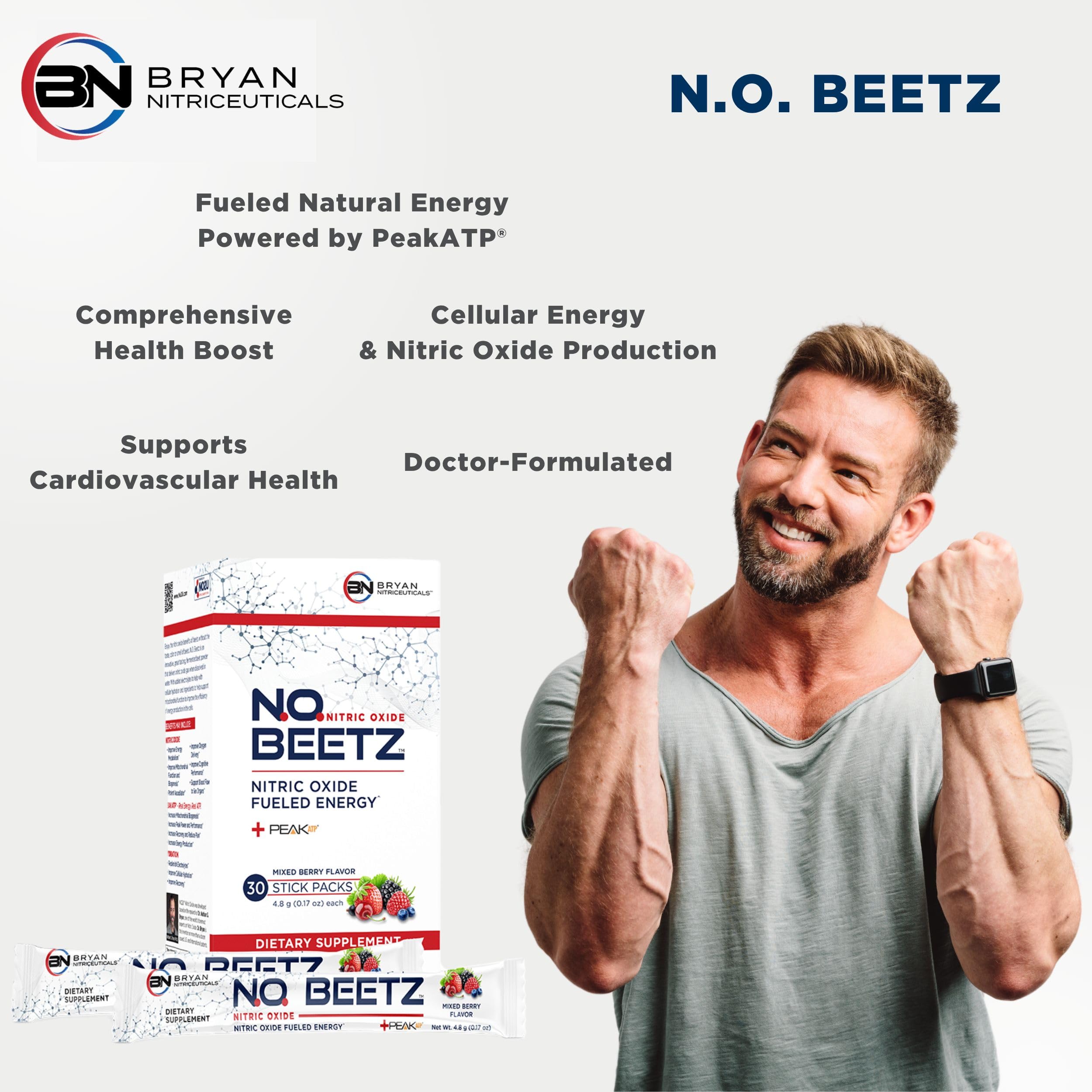 Bryan Nitriceuticals N.O. Beetz ingredient visual emphasizes fermented beet powder and PEAK ATP.