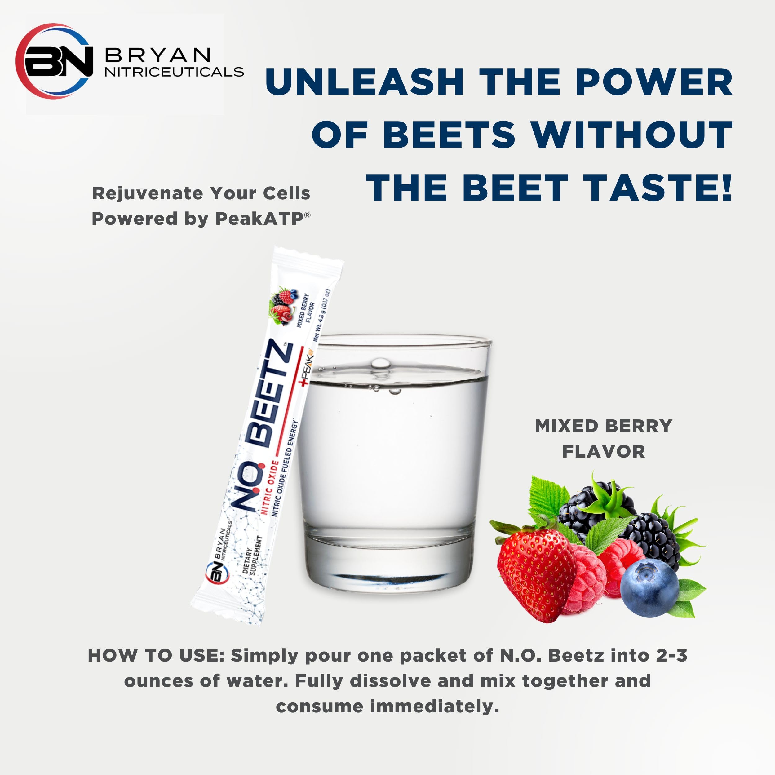 Bryan Nitriceuticals N.O. Beetz hydration-ready packaging for on-the-go use.