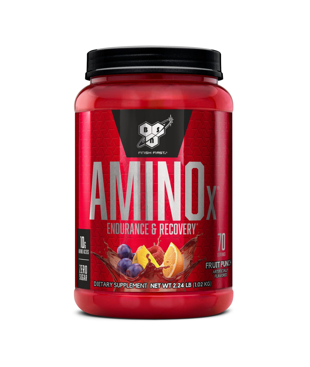 BSN AMINO X fruit punch bottle showing endurance-oriented formula