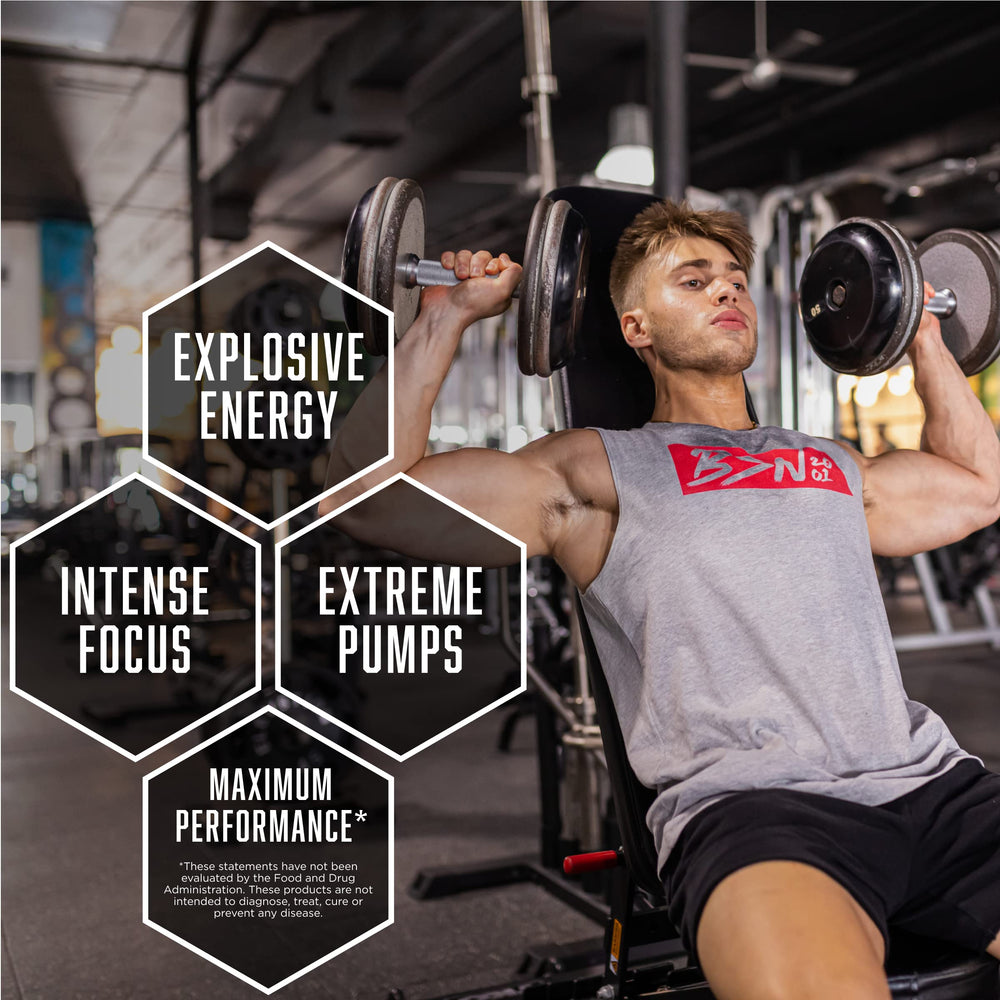BSN N.O.-XPLODE blue raz tub featuring bold focus-ready formula for workouts.