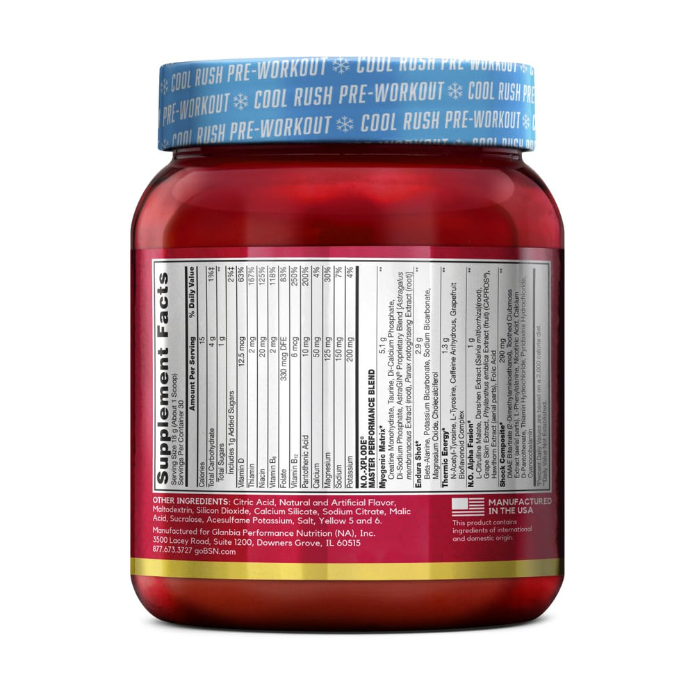 BSN N.O.-XPLODE cool-rush packaging view conveys premium pre-workout quality.