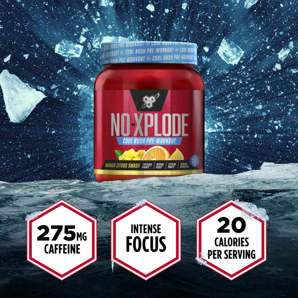 BSN N.O.-XPLODE water-glass with frosty flavor for pre-workout refreshment.