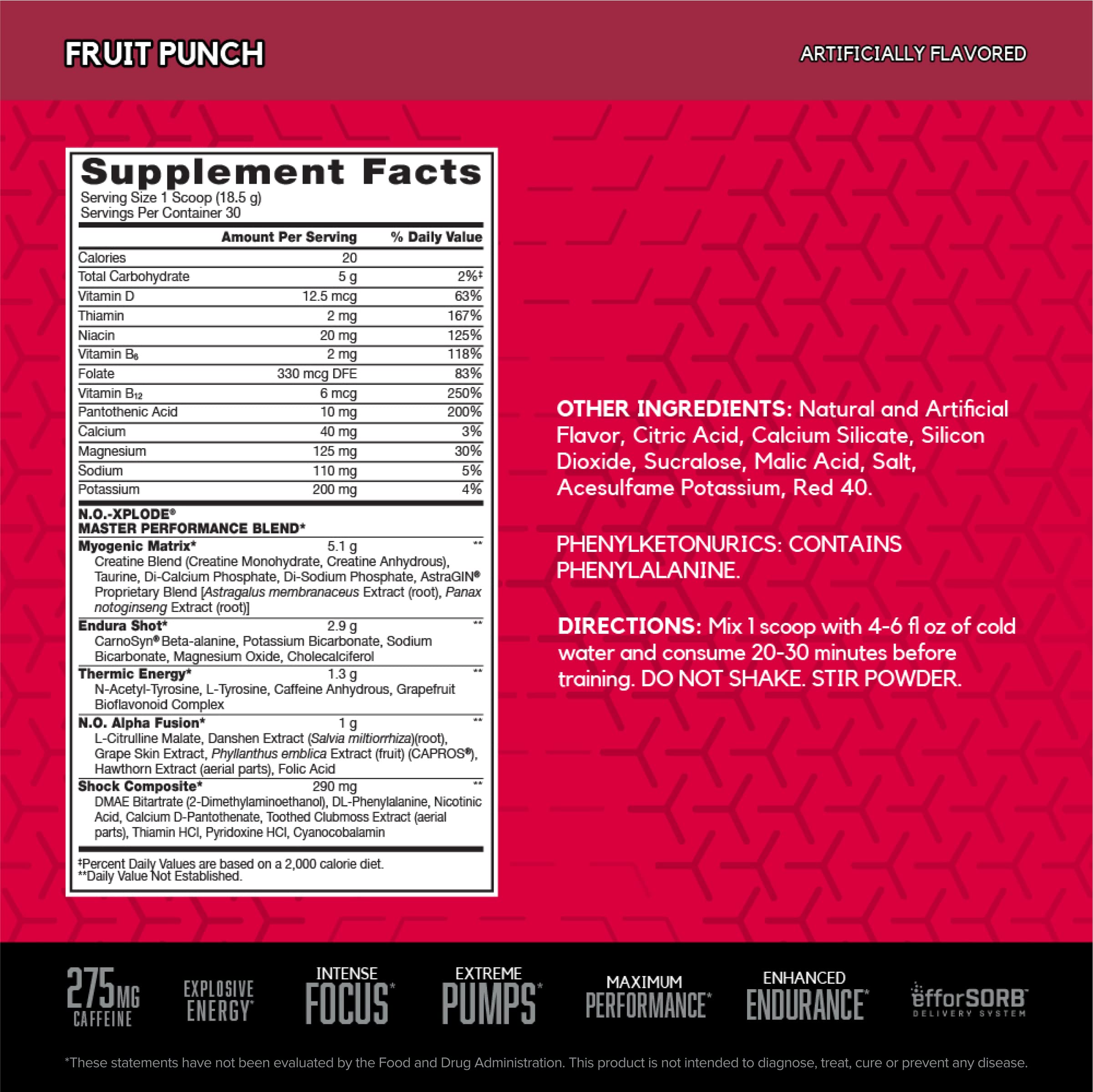 BSN N.O.-XPLODE back label close-up with serving and flavor details.