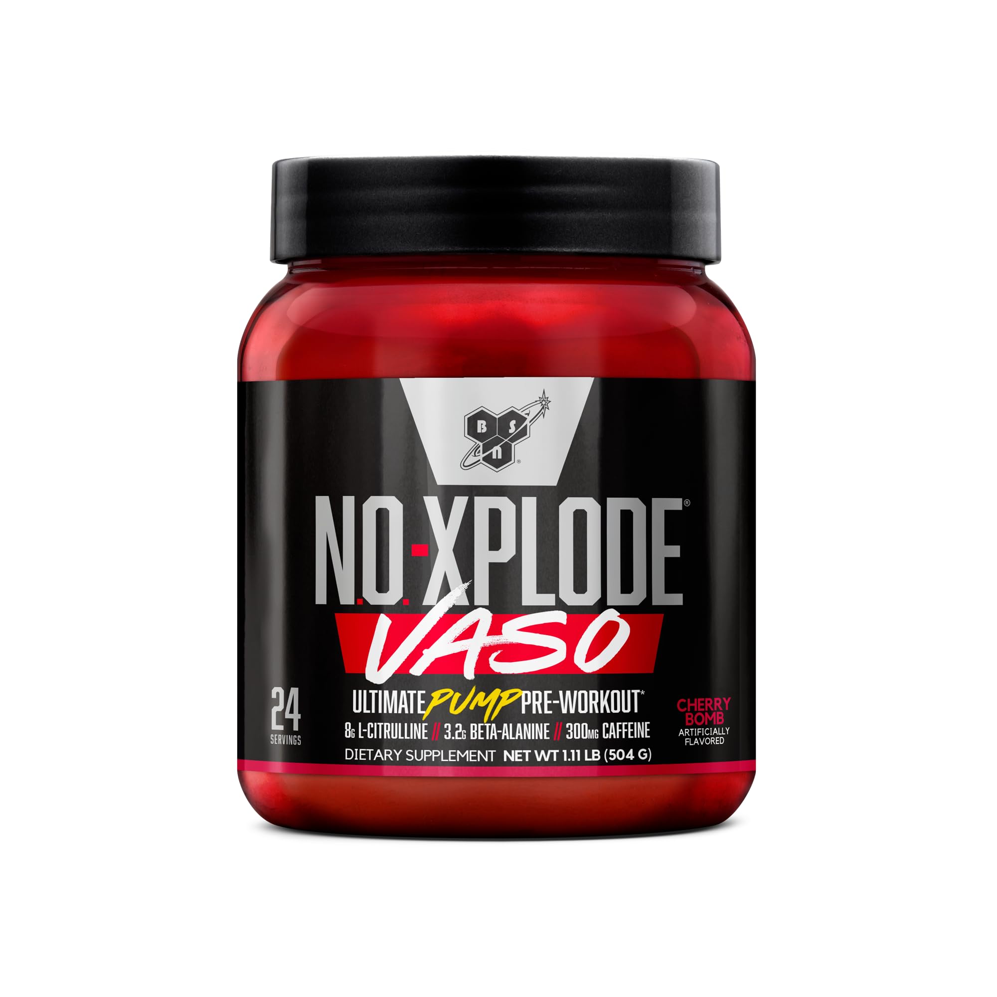 BSN N.O.-XPLODE VASO bottle front with potent pre-workout formula.