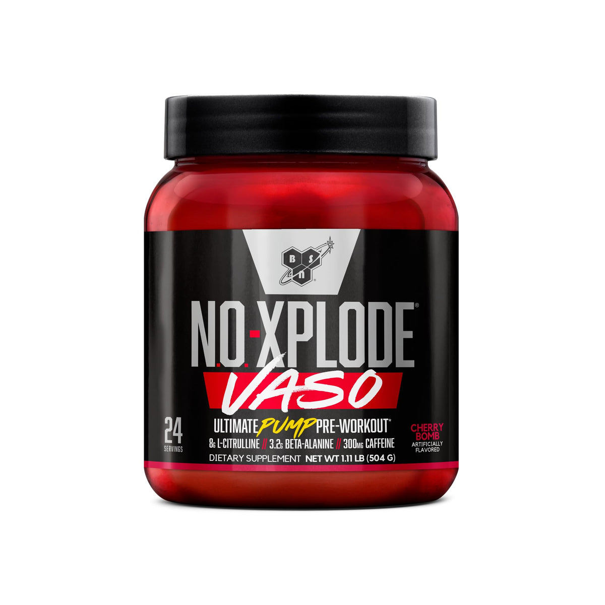 BSN N.O.-XPLODE VASO bottle front with potent pre-workout formula.