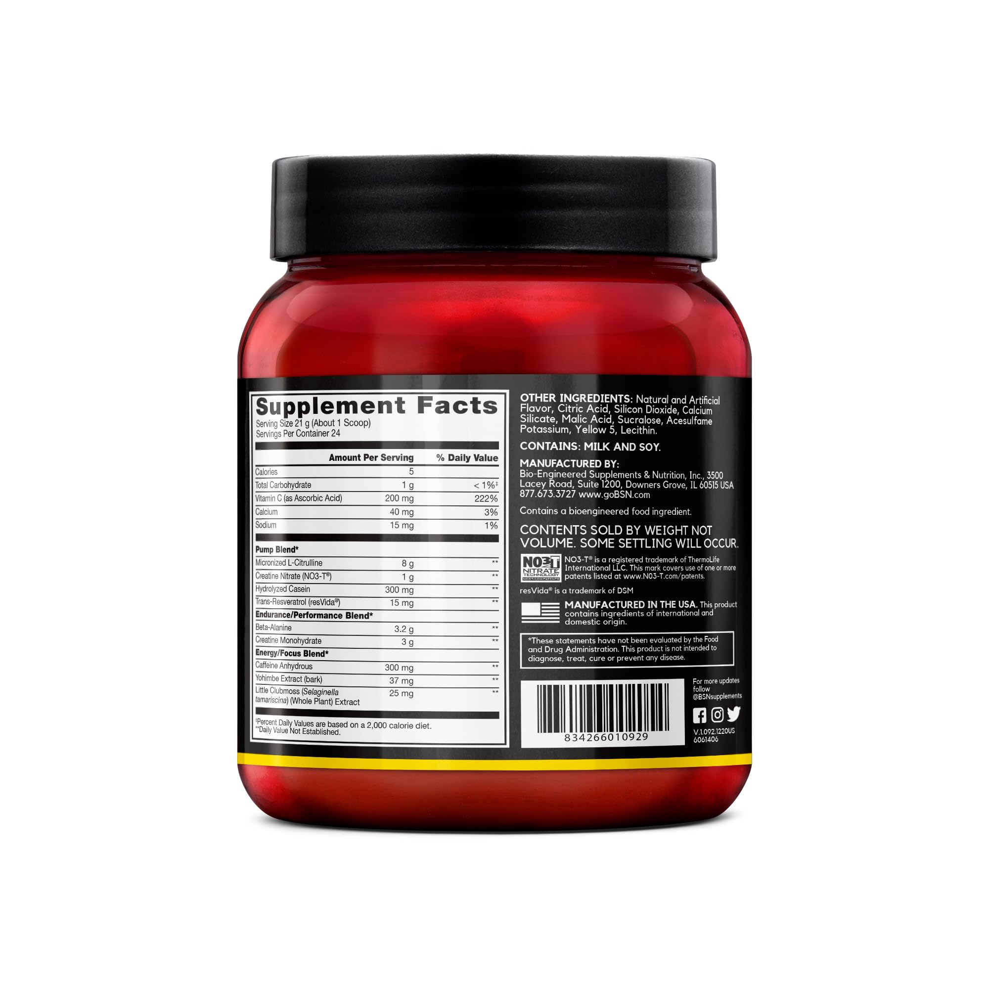 BSN N.O.-XPLODE VASO energy focus highlights caffeine and yohimbe effects