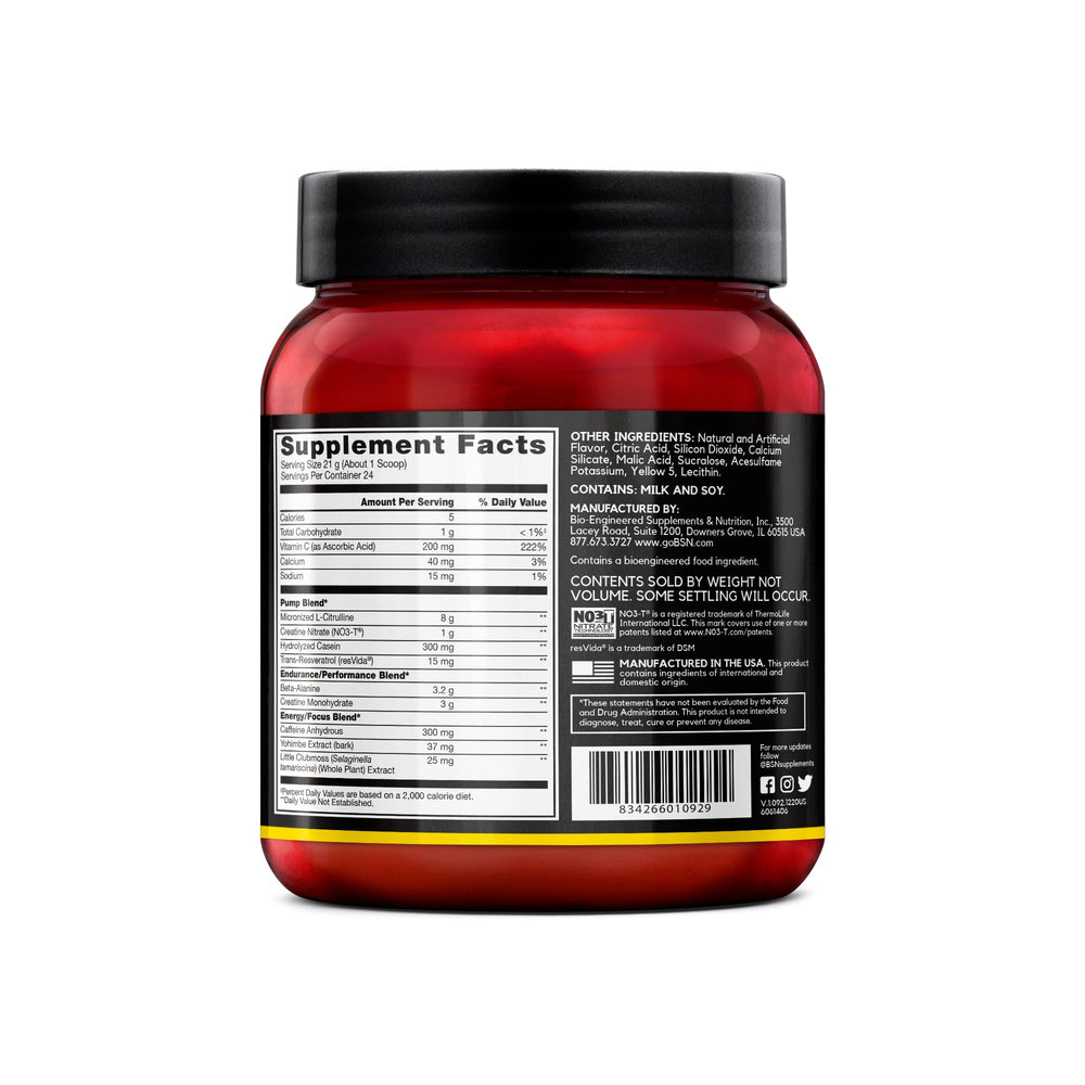 BSN N.O.-XPLODE VASO energy focus highlights caffeine and yohimbe effects