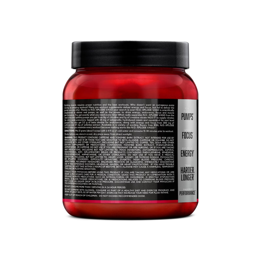 BSN N.O.-XPLODE VASO Cherry Bomb flavor in use during workout.