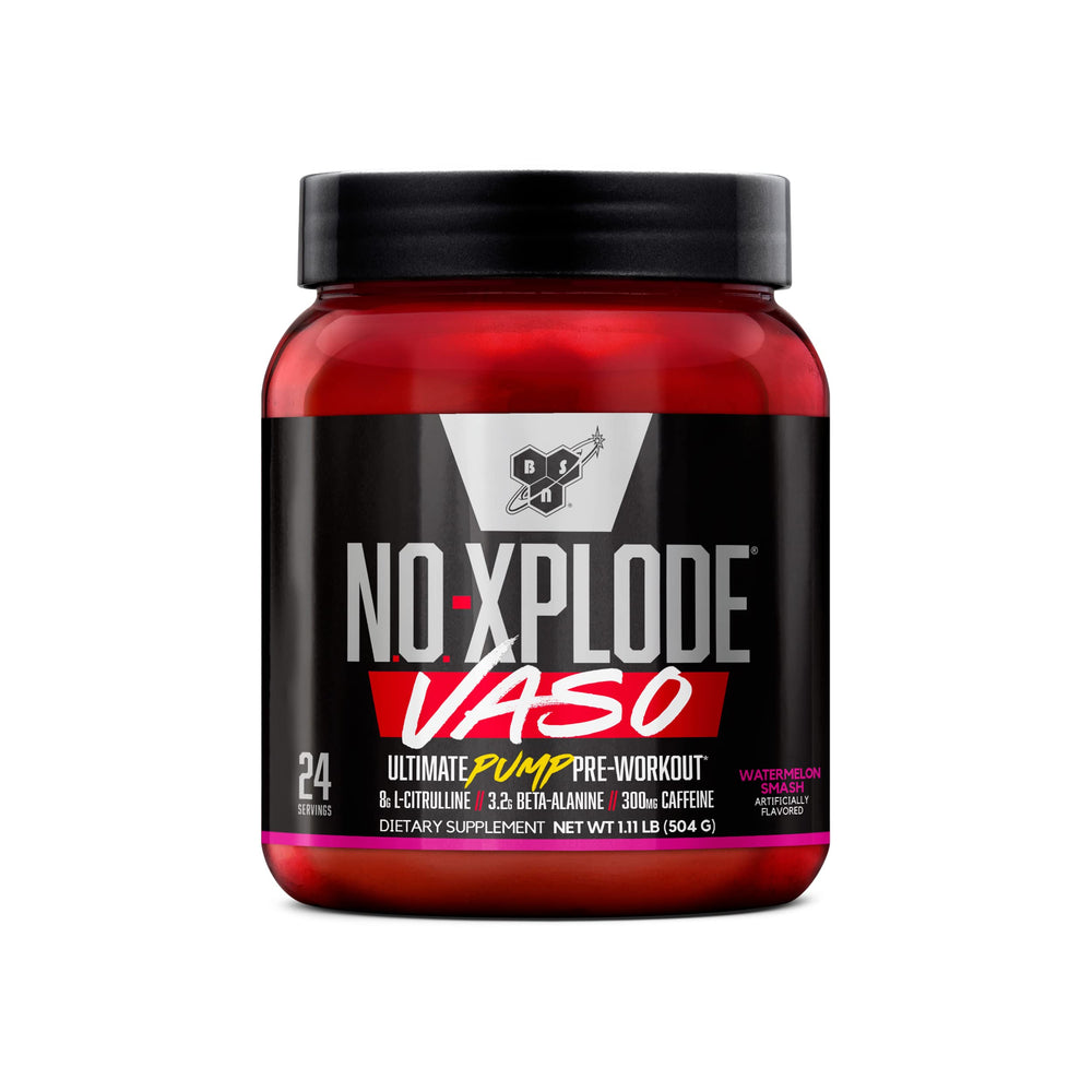 BSN N.O.-XPLODE Vaso Watermelon Smash tub showing explosive pumps and energy