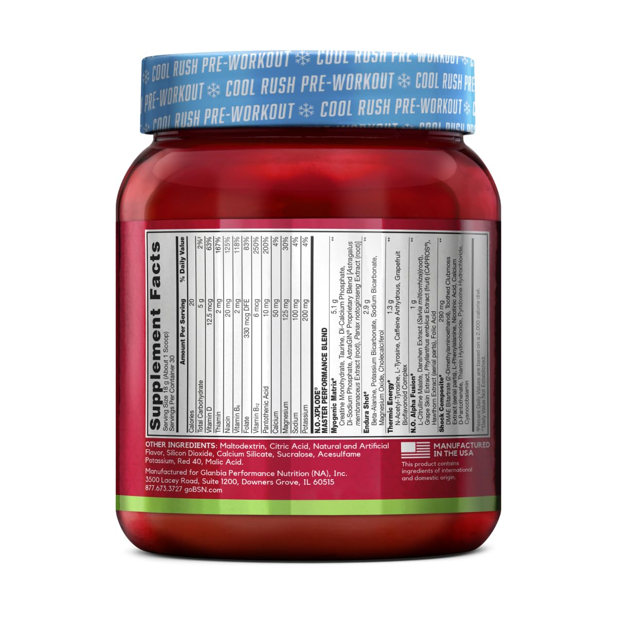 BSN N.O.-XPLODE Cherry Lime Ice cooling sensation shown in a drink