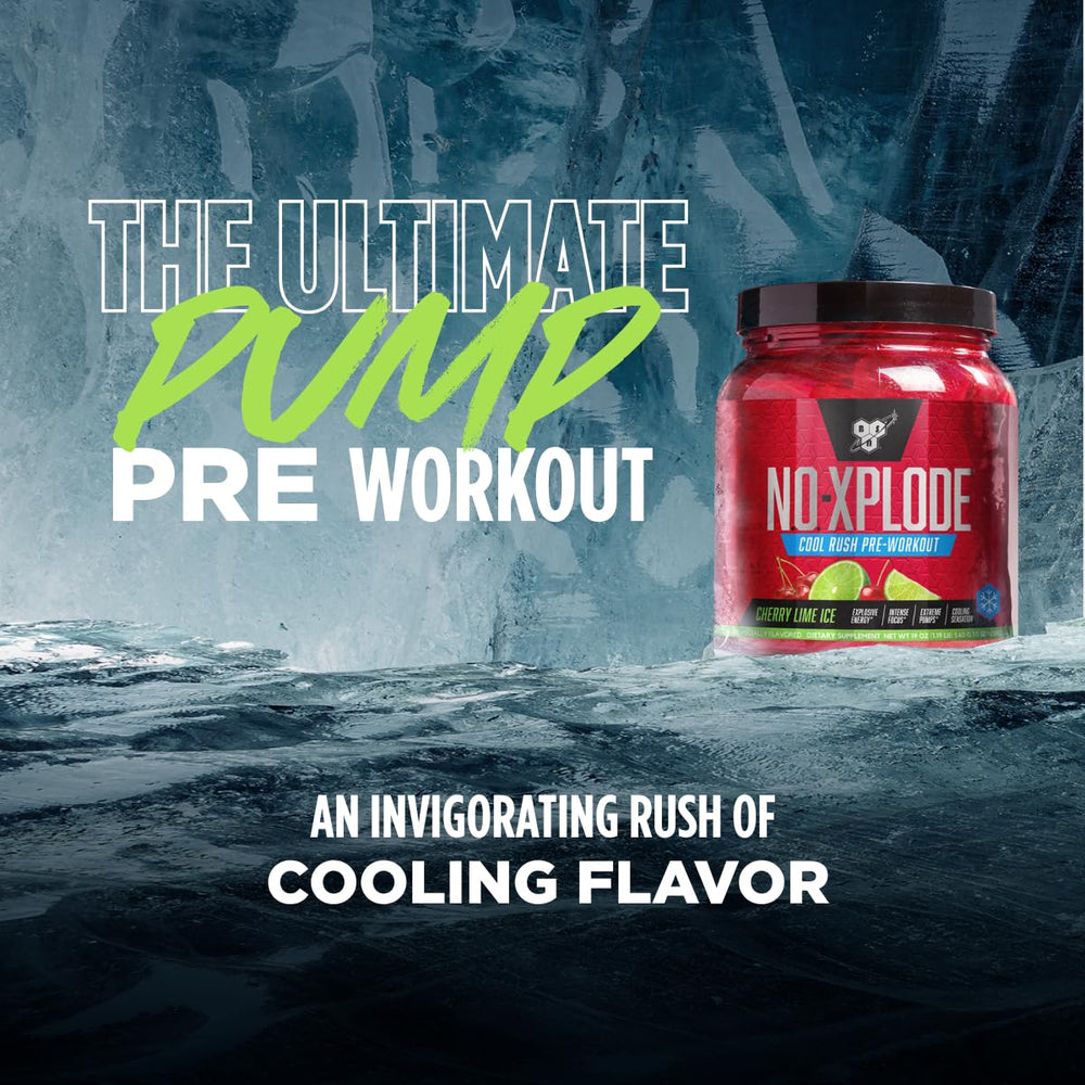 BSN N.O.-XPLODE Cherry Lime Ice mixed in water showing refreshing flavor