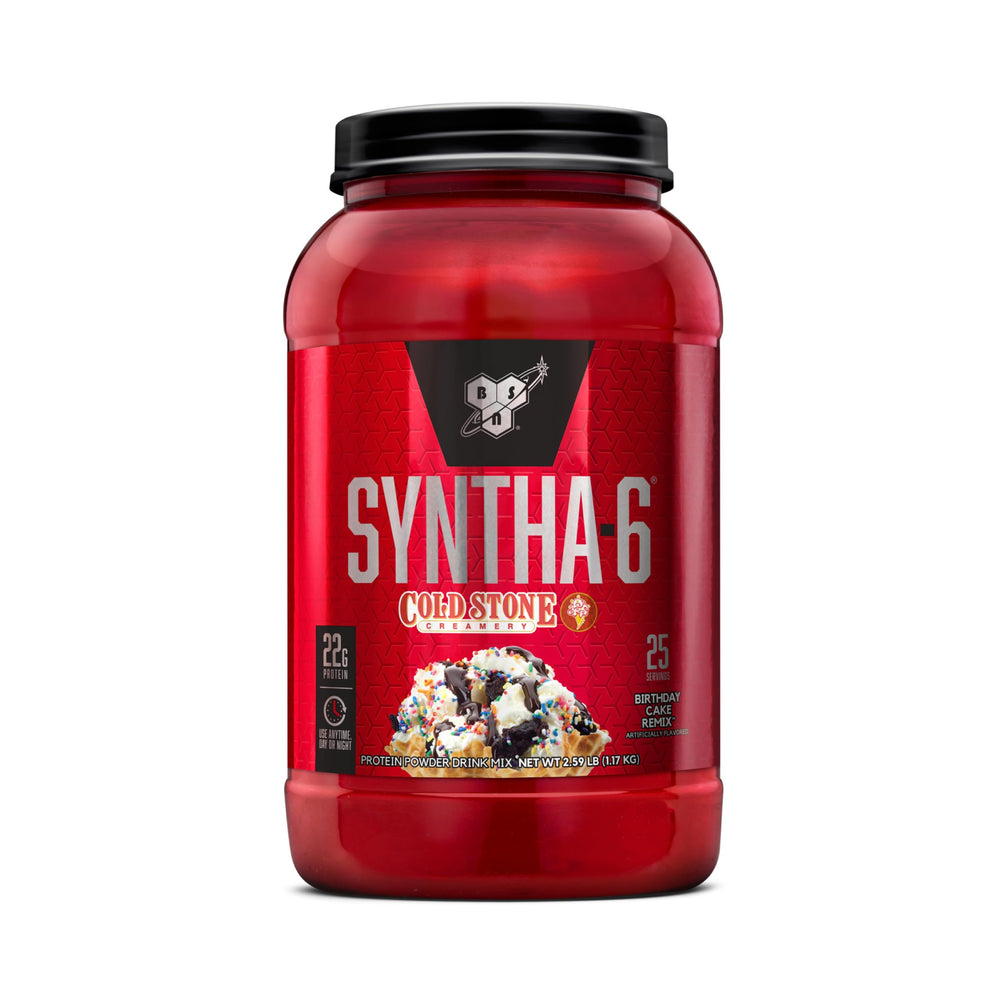 BSN Syntha-6 bottle front showing premium protein blend for workouts.