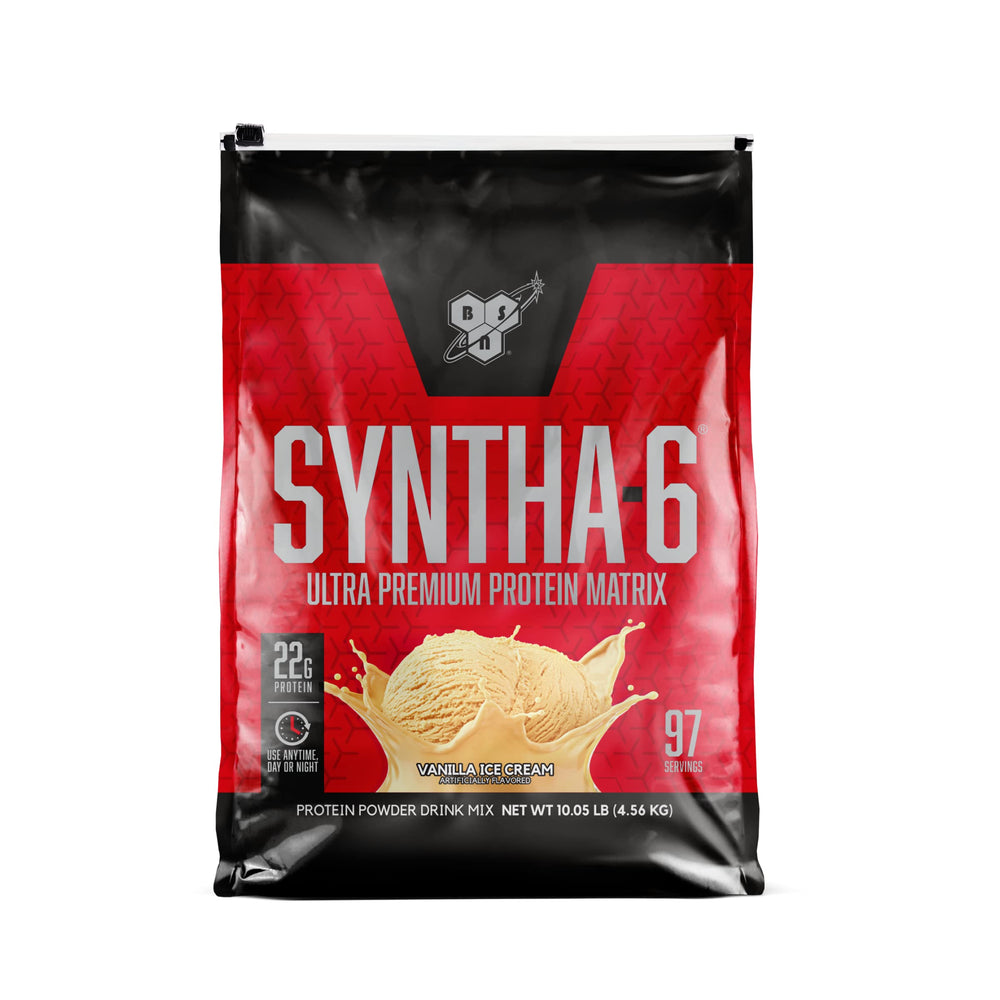 BSN SYNTHA-6 label highlights micellar casein and milk protein isolate blend.
