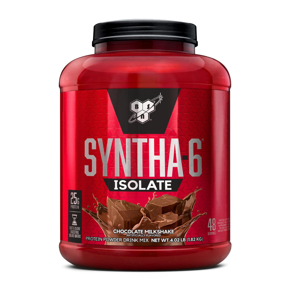BSN SYNTHA-6 ISOLATE chocolate milkshake bottle shows premium protein blend for post-workout fueling