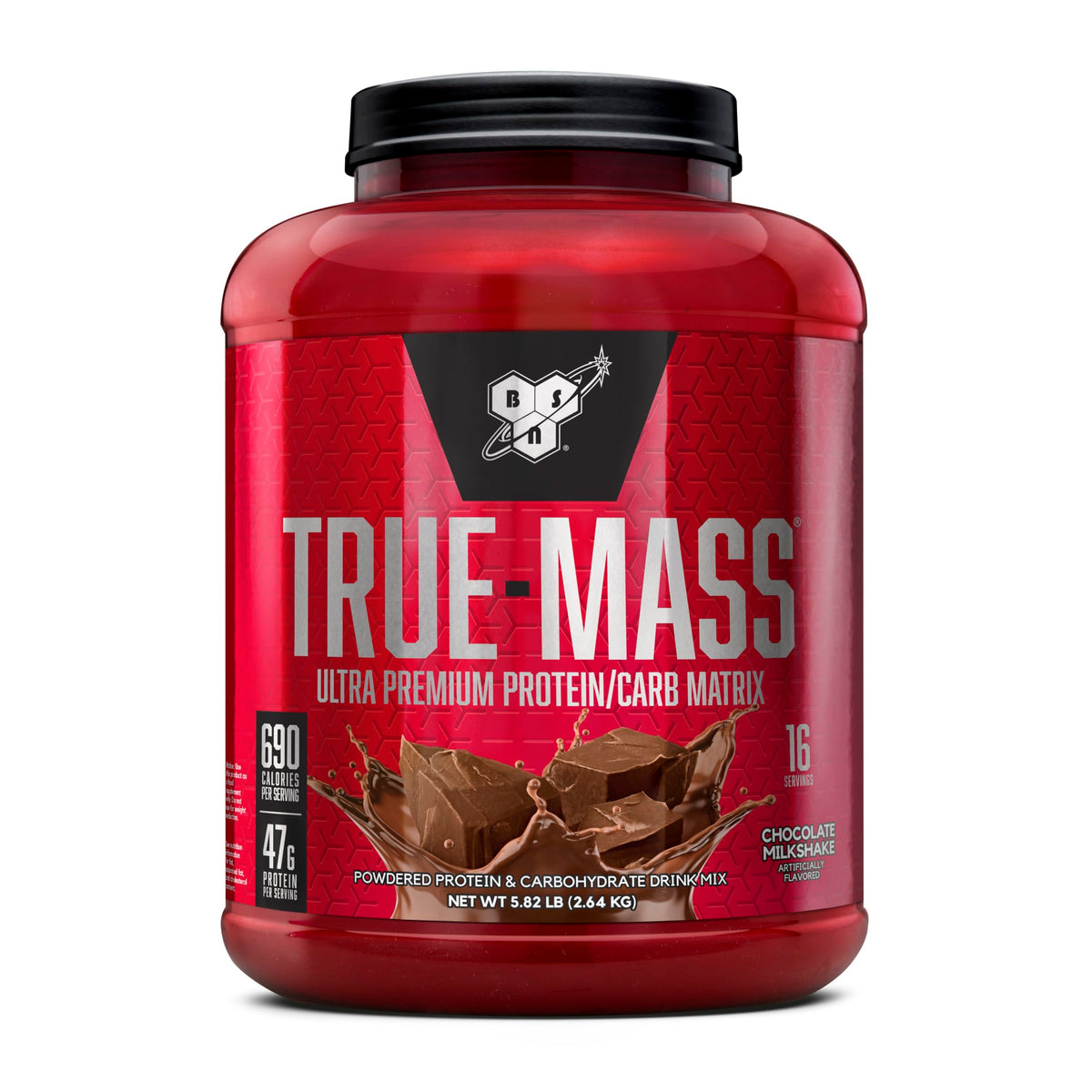 BSN TRUE-MASS front label highlighting a high-calorie mass gainer for serious training