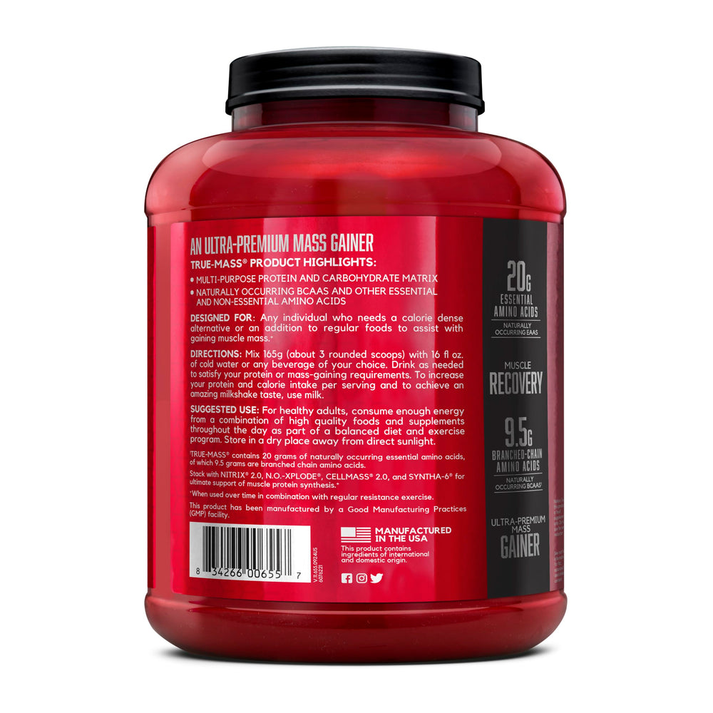 BSN TRUE-MASS nutrition facts highlighting 690 calories and 47 g protein