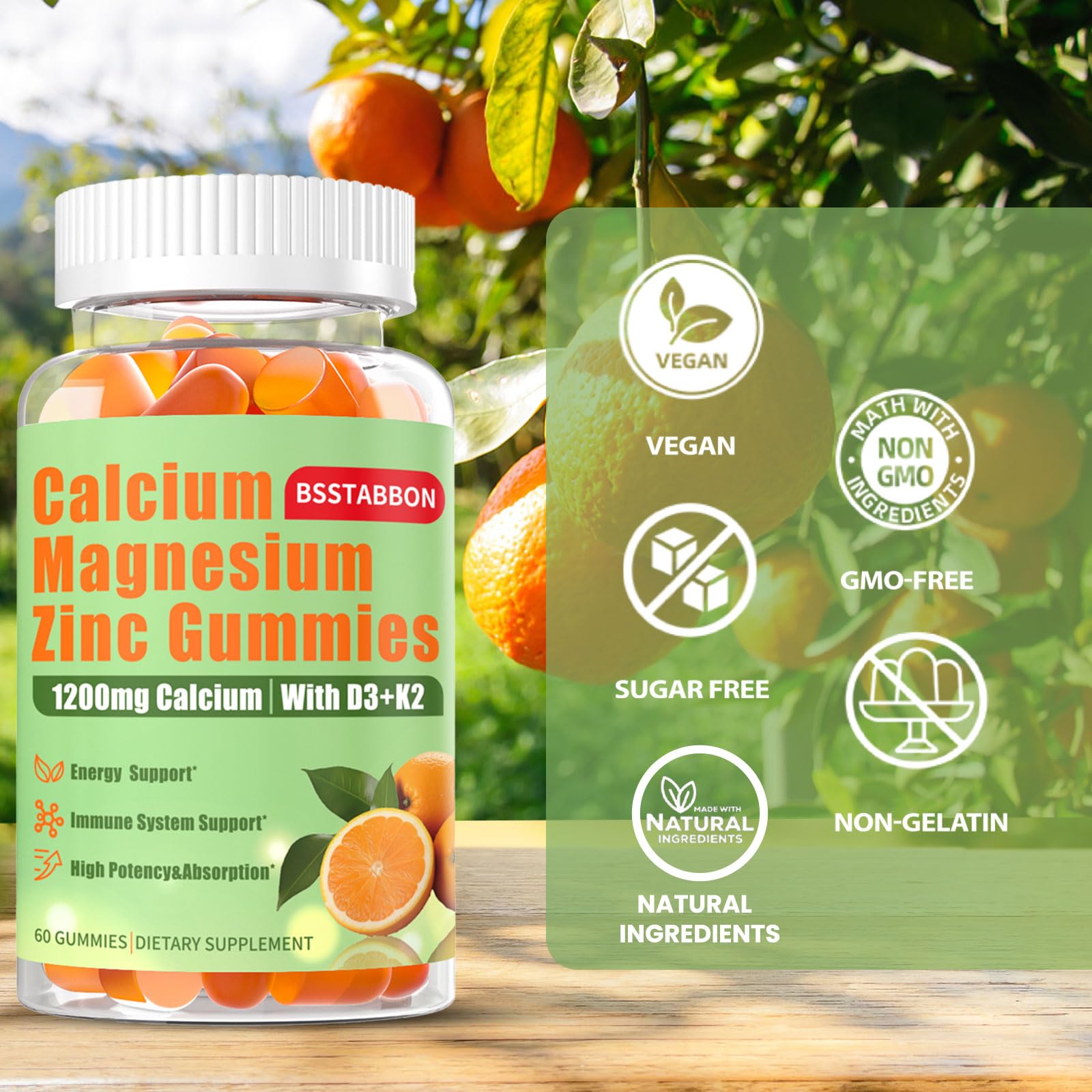 BSSTABBON calcium magnesium zinc gummies orange flavor close-up
