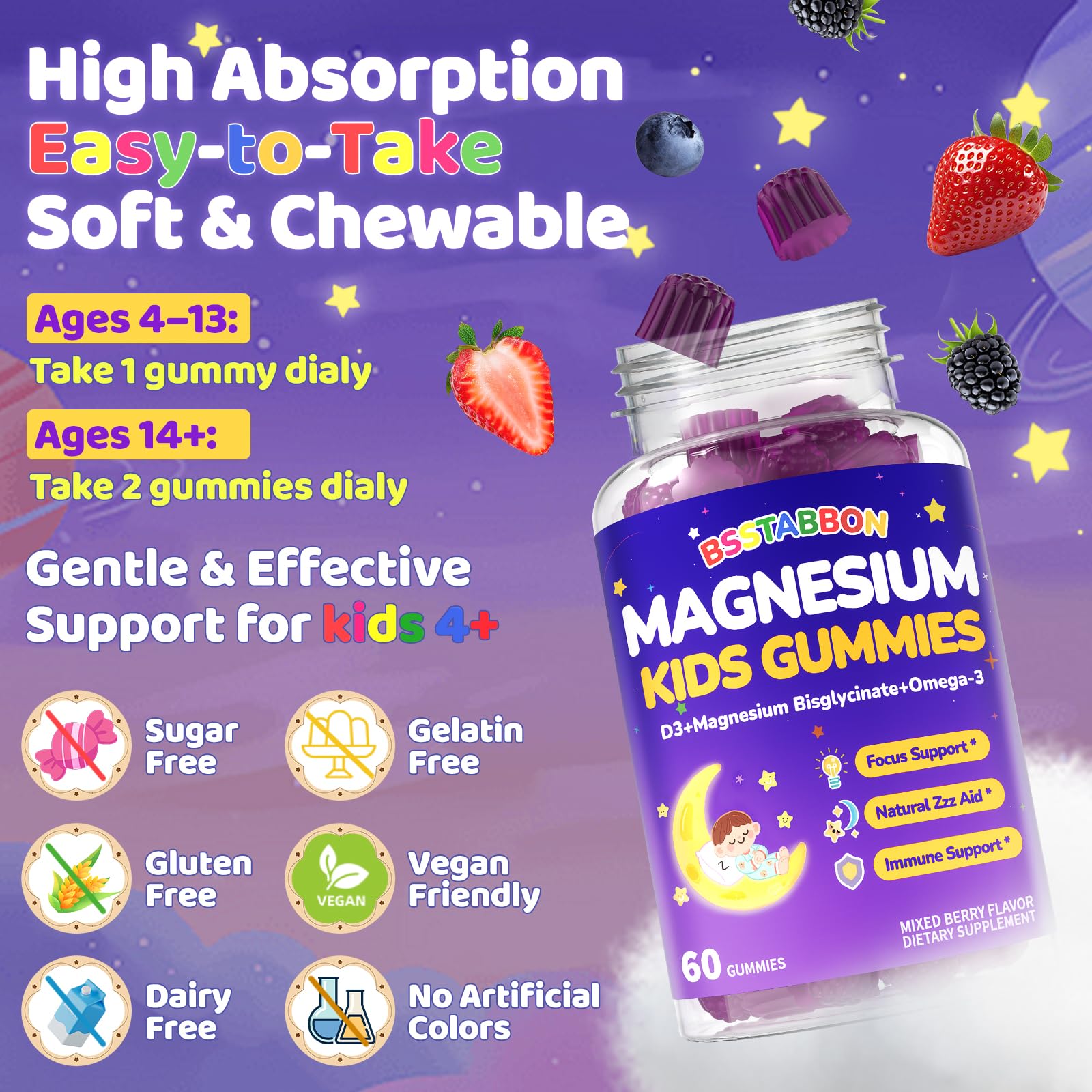 BSSTABBON Kids gummies with a calm bedtime scene.