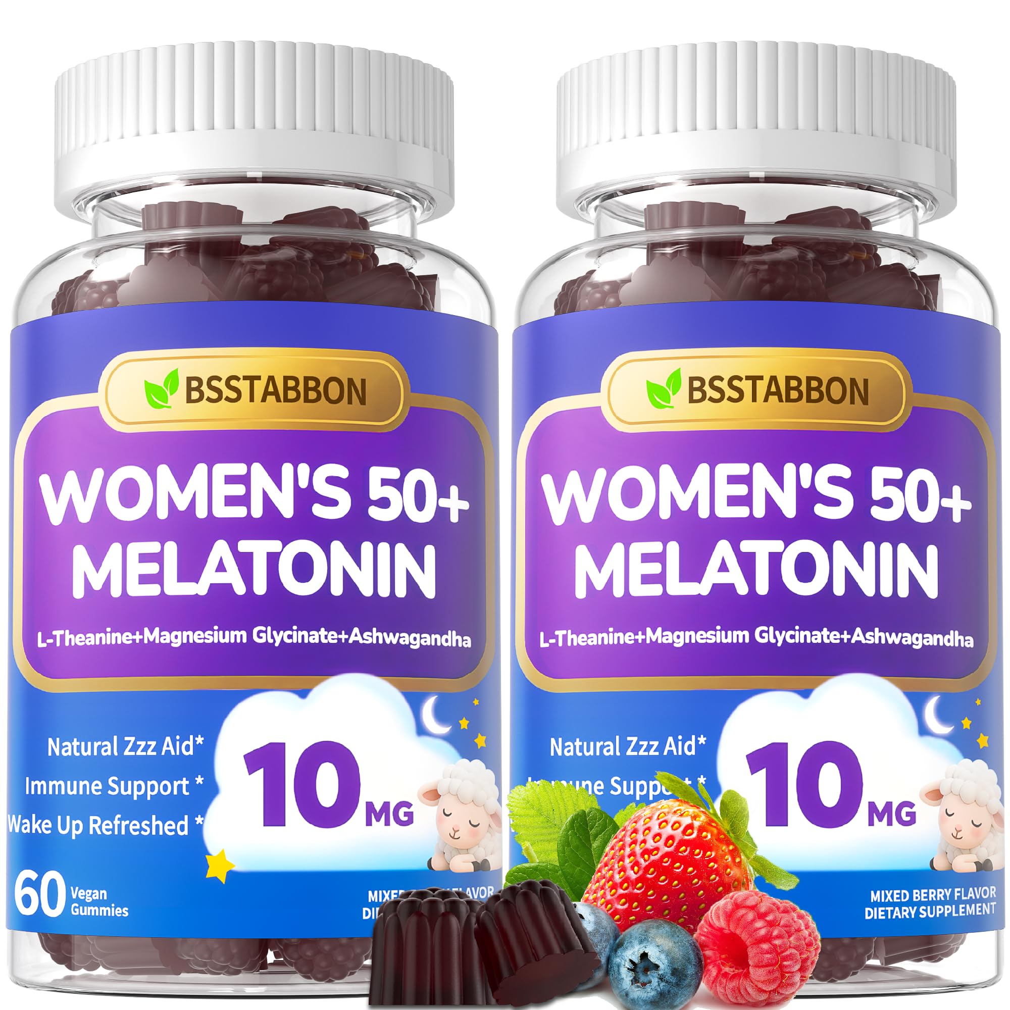BSSTABBON Melatonin 10mg gummies bottle promotes restful sleep for women over 50.