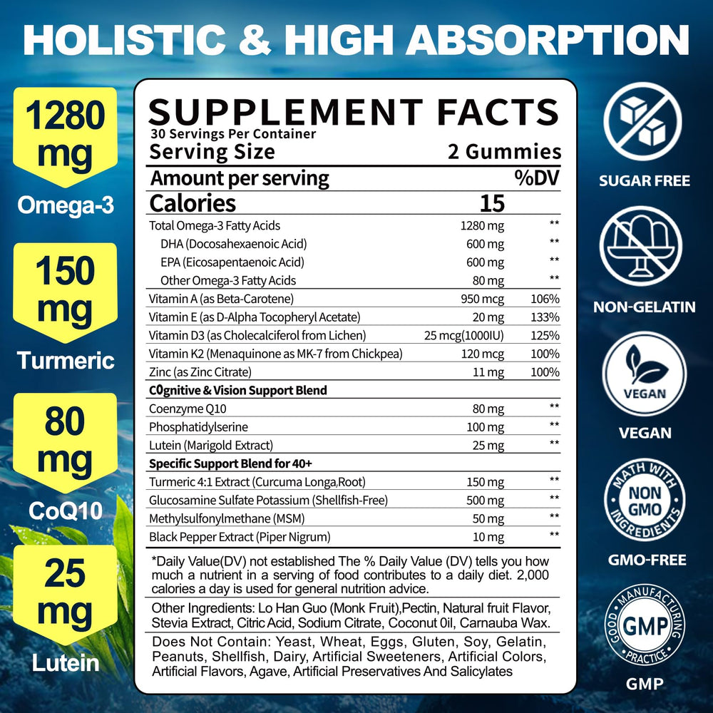 BSSTABBON Omega-3 gummies bottle back label showing D3, K2, zinc for nutrient synergy