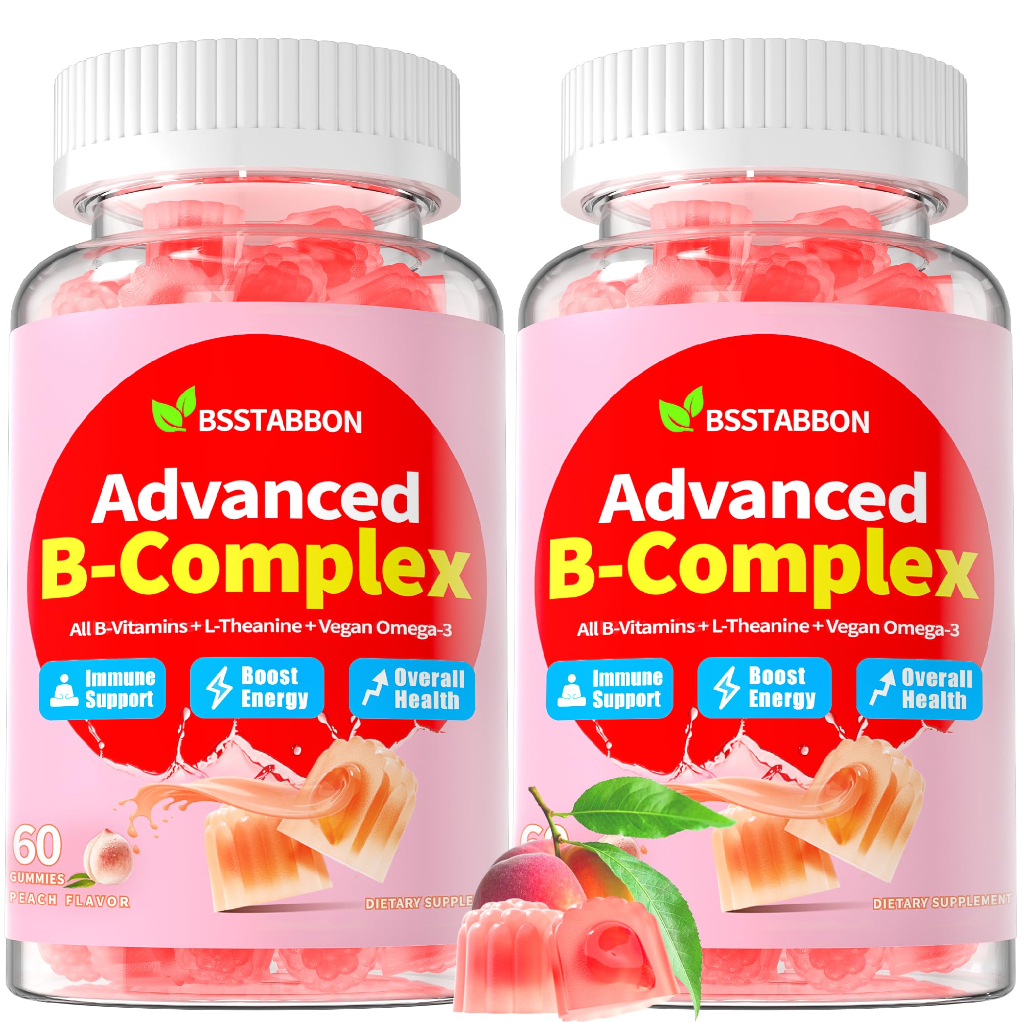 BSSTABBON Organic Methylated Vitamin B Gummies bottle highlights peach flavor for daily energy support.