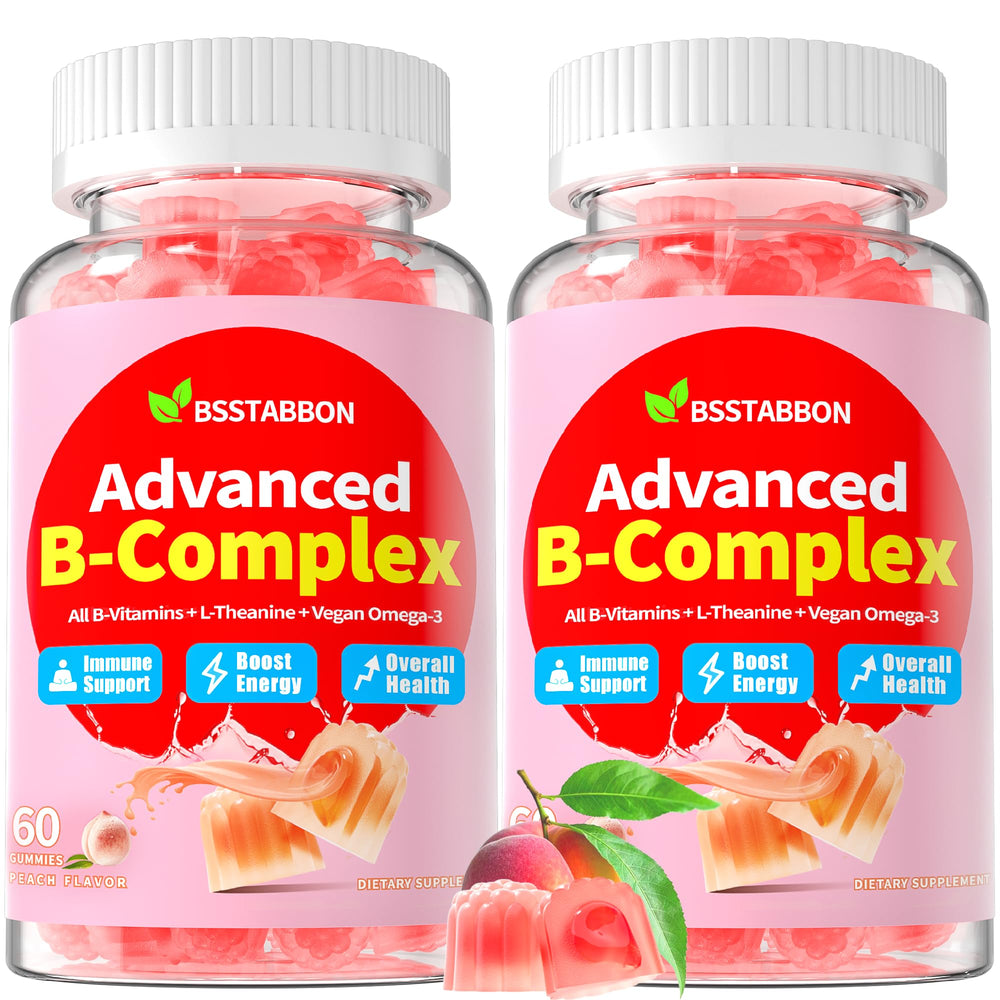 BSSTABBON Organic Methylated Vitamin B Gummies bottle highlights peach flavor for daily energy support.