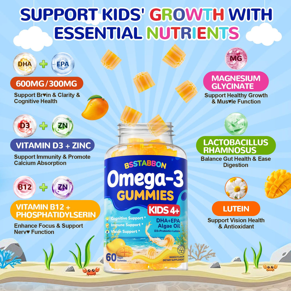 BSSTABBON vegan omega-3 kids bottle shot highlights algae DHA/EPA delivery