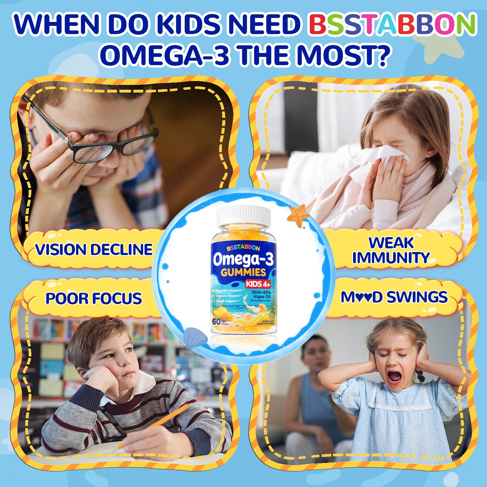 BSSTABBON vegan omega-3 kids packaging view shows clean ingredients and allergen-free profile