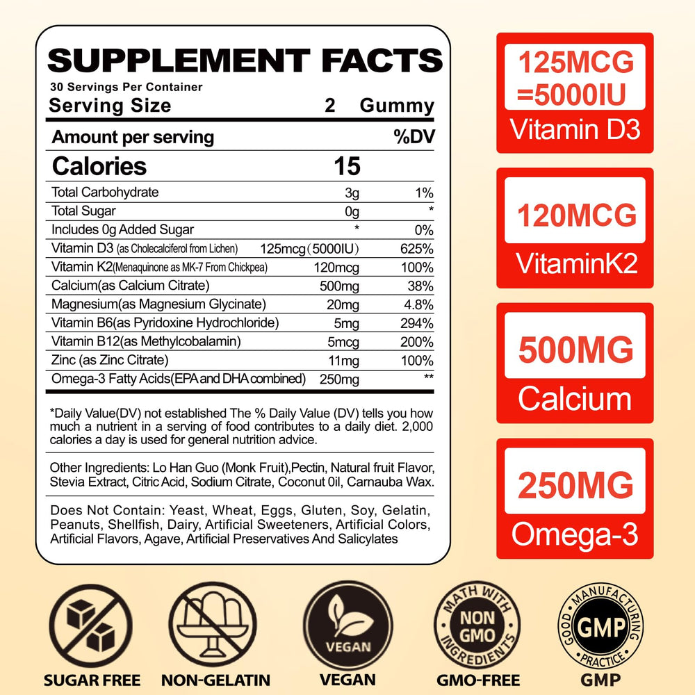 BSSTABBON Vitamin D3 K2 gummies ingredients panel highlights D3, K2, magnesium, and Omega-3.