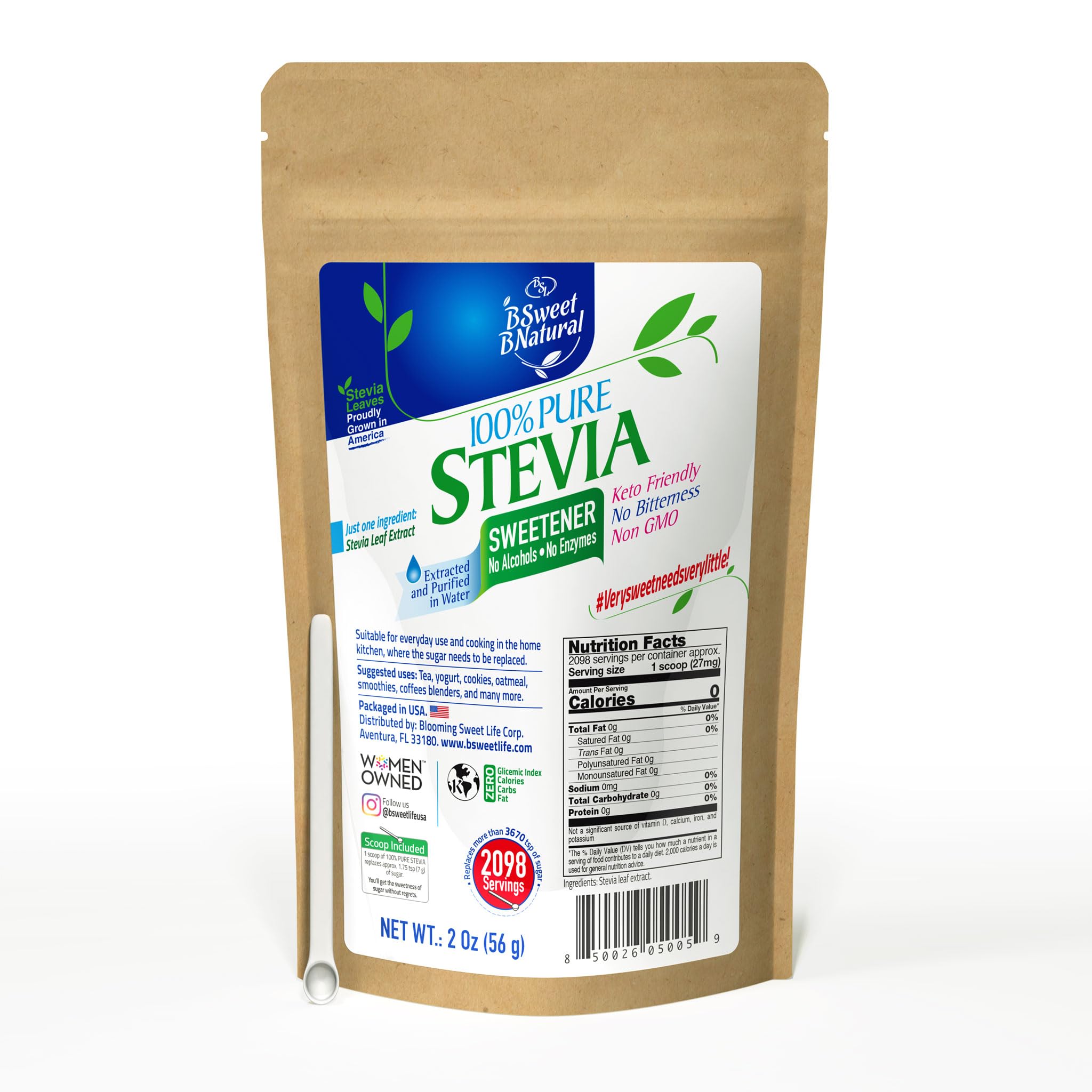 BSweetBNatural Stevia powder 2oz bottle showing pure sweetness for sugar-free recipes